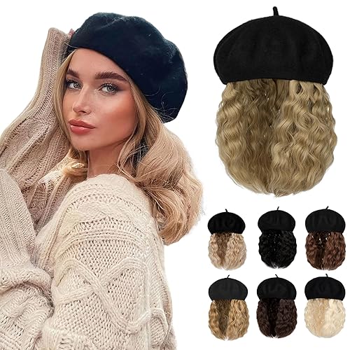 Lansigreen Boinas con extensiones de cabello clásico elástico de lana francesa gorra sólida adjunta corto rizado Bob sintético peluca para mujer