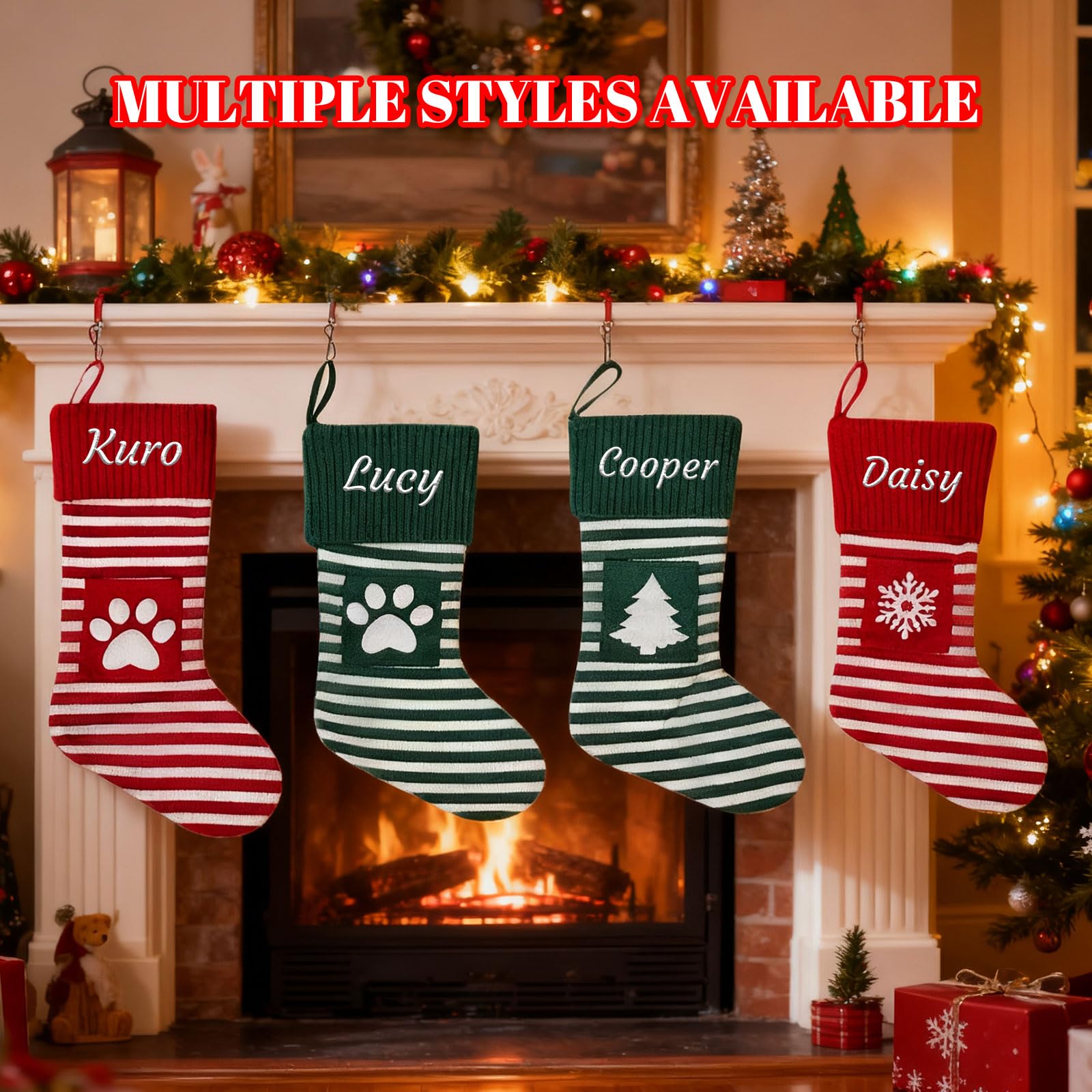Generisch 6 PCS Personalisiert Weihnachtsstrumpf, Namensstickerei, 35 cm | Rot-Grün Gestreifter Strickstrumpf, 13.8zoll, Weihnachtsdeko für Familie & Haustiere
