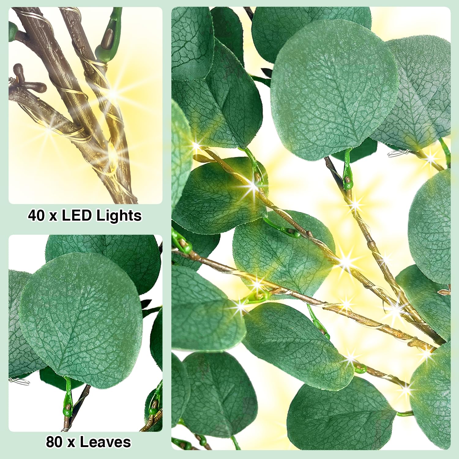 2FT LED Eucalyptus Tree for Tabletop, Eucalyptus Tree with Lights for Home Decor, Prelit Eucalyptus Tree with 8 Flashing Modes and Timer, Lighted Eucalyptus Tree for Easter Spring Decor.