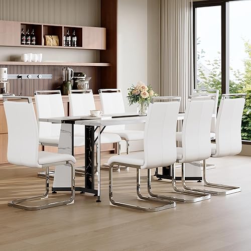 Miniatura 21 de Juego de mesa de comedor para 6, mesa de comedor de mármol blanco de 71 pulgadas con amplio espacio para las piernas y sillas de comedor de cuero