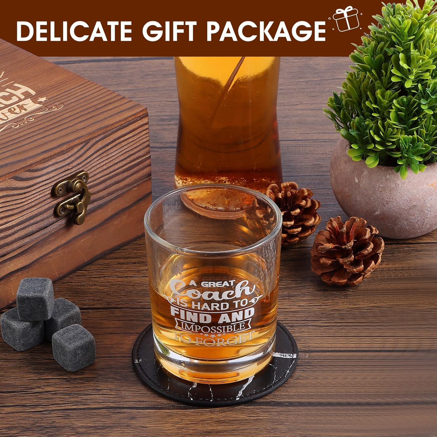 Whiskey Glass Gifts for Coaches, Best Coach Gift for Men, Thank You Gifts for Coaches with 12oz Whiskey Glasses, Stones, Coaster, Wooden Box for Baseball, Softball, Soccer, Basketball Coach - Image 3