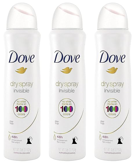 Dove Antiperspirant Dry Spray - Invisible - Clear Finish - 3.8 OZ (107 g) Per Can - Pack of 3 Cans