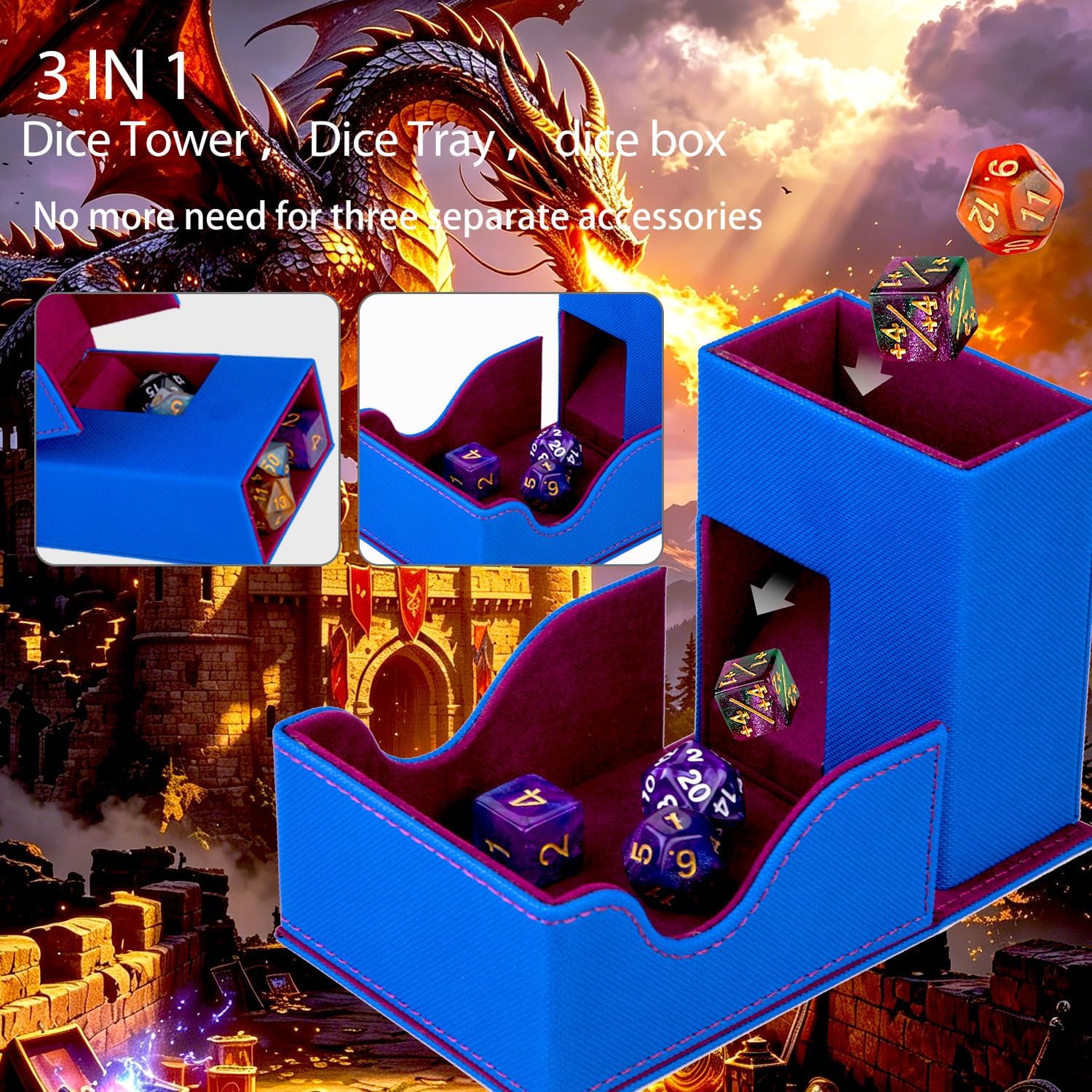 Dice Roller Tower, Premium DND Magnetic Dice Tray, Foldable PU Leather Dice Tower RPG Gifts for Dungeons and Dragons MTG Dm & Player Blue/Red（Fire Dragon） image 2