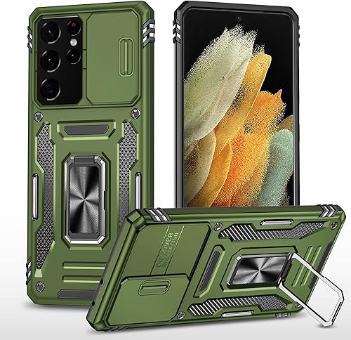 JSENMlN Funda para Galaxy S21 Ultra, funda protectora para cámara deslizante con anillo giratorio y soporte a prueba de golpes para Samsung Galaxy