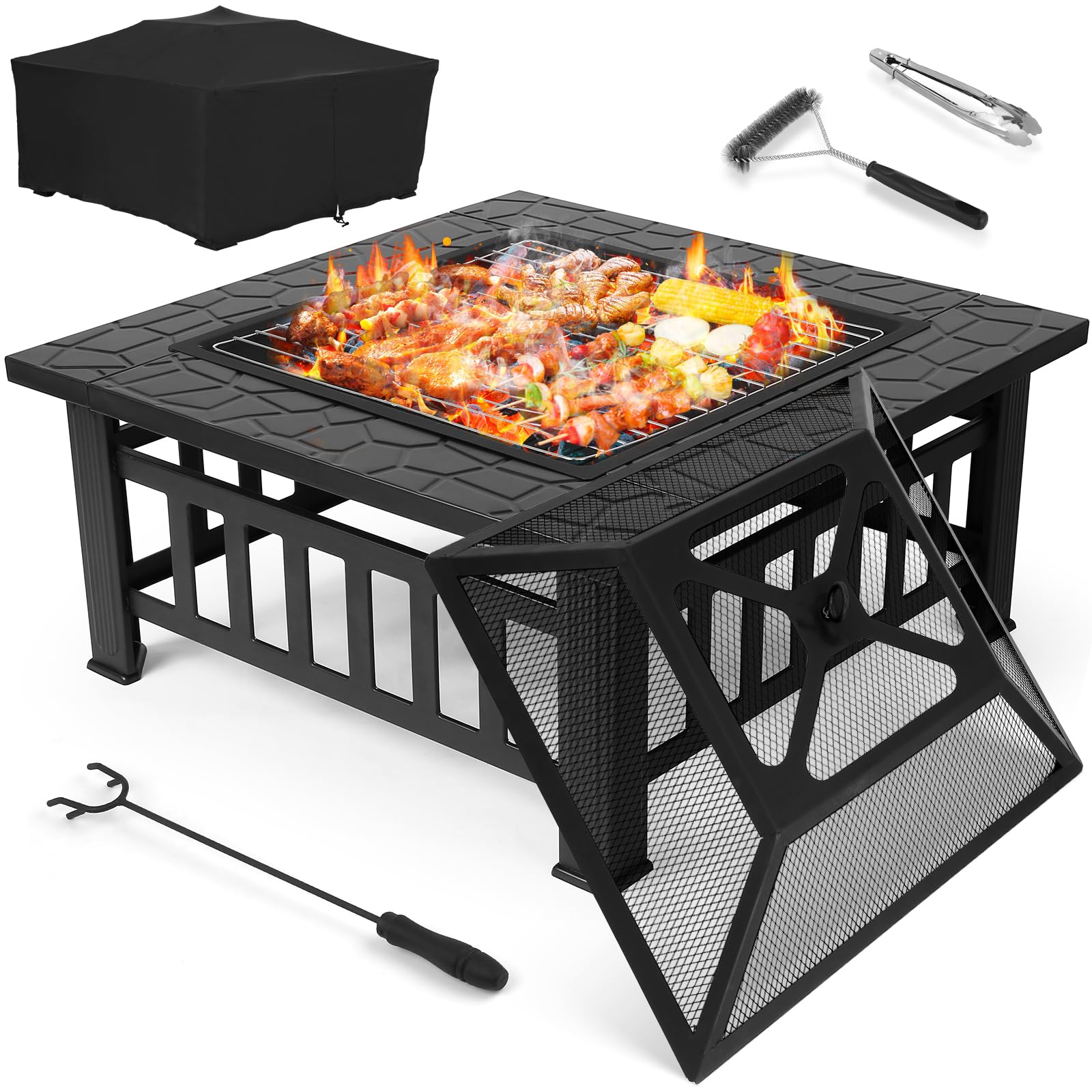 TLSUNNY Feuerschale mit Funkenschutz 81 cm, 3 in 1 Feuerkorb mit Grillrost, Quadratisch für Garten, Feuerstelle mit Grillfunktion