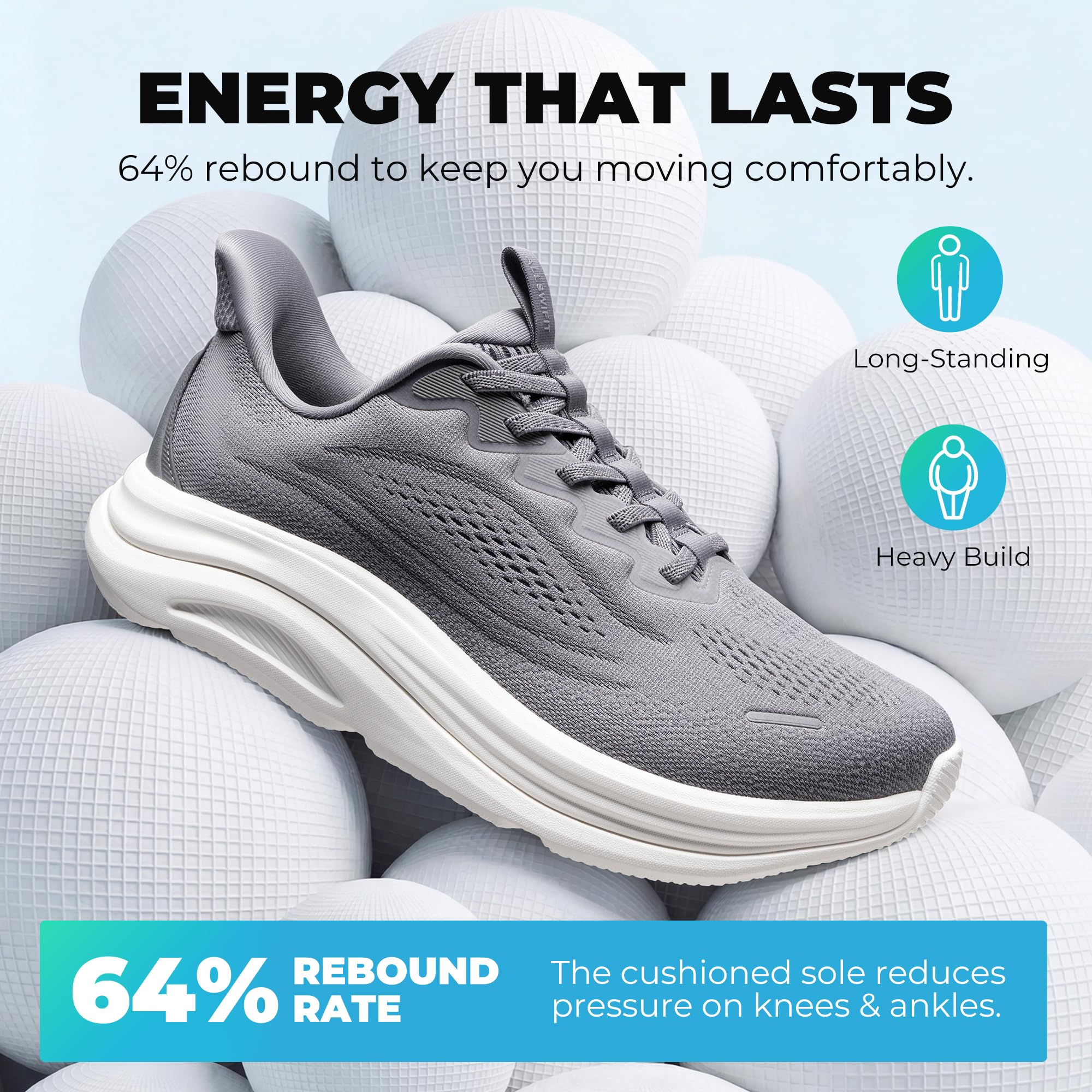 ALLSWIFIT Zapatos deportivos para hombre, sin cordones, con puntera ancha, para caminar, con cojín para correr, tenis, soporte para el arco, gimnasio, entrenamiento, atlético, a la moda, Gris, 41.5 EU