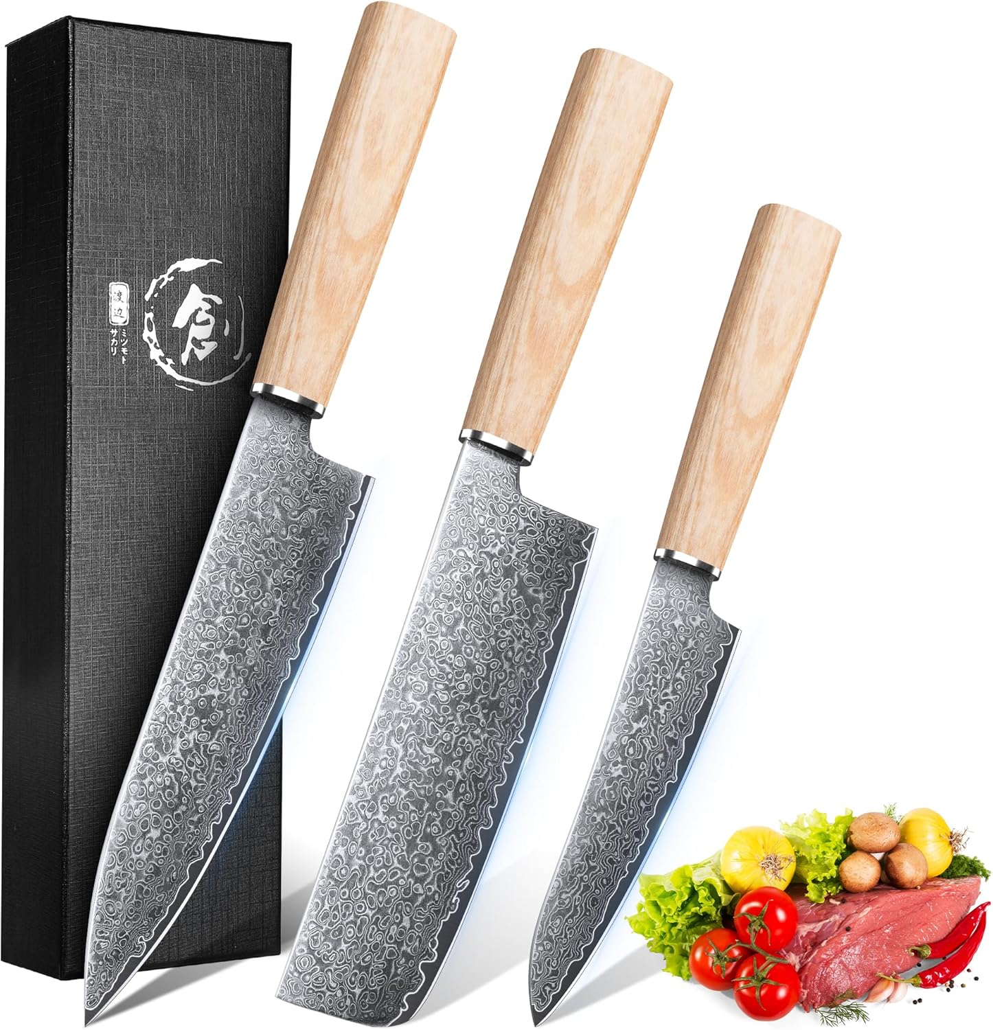 ROCOCO Damascus Chef Knife Set - Japanese Nakiri Utility Paring Knives Sharp Gyuto Meat Cleaver for Home Kitchen Gift Idea