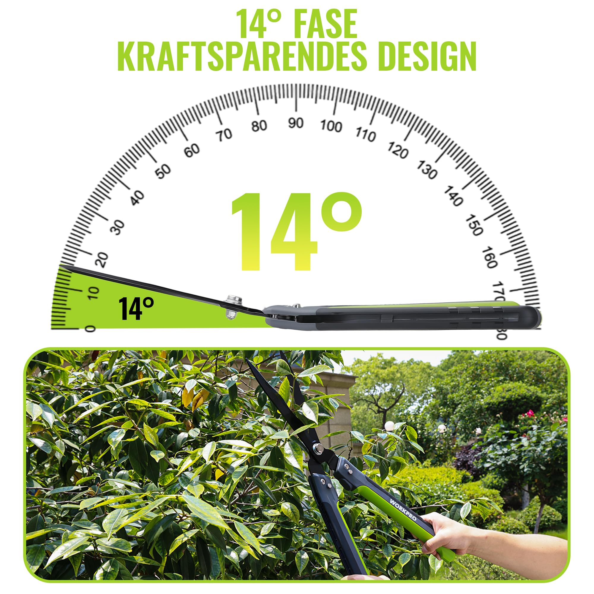 WORKPRO Heckenschere 58,5 cm mit 14° Wellenschliff, Klappbar | Ergonomische Griffe, Präziser Wellenschliff, für Hecken, Sträucher und Rasenkanten,Strauchschere, Heckenschere Manuell