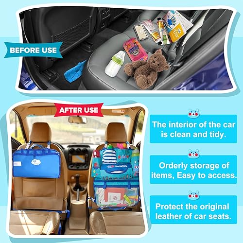 Miniatura 6 de ElekTonny Lindo organizador de asiento trasero para automóvil, 6 bolsillos de almacenamiento, protectores de respaldo de automóvil, alfombrillas