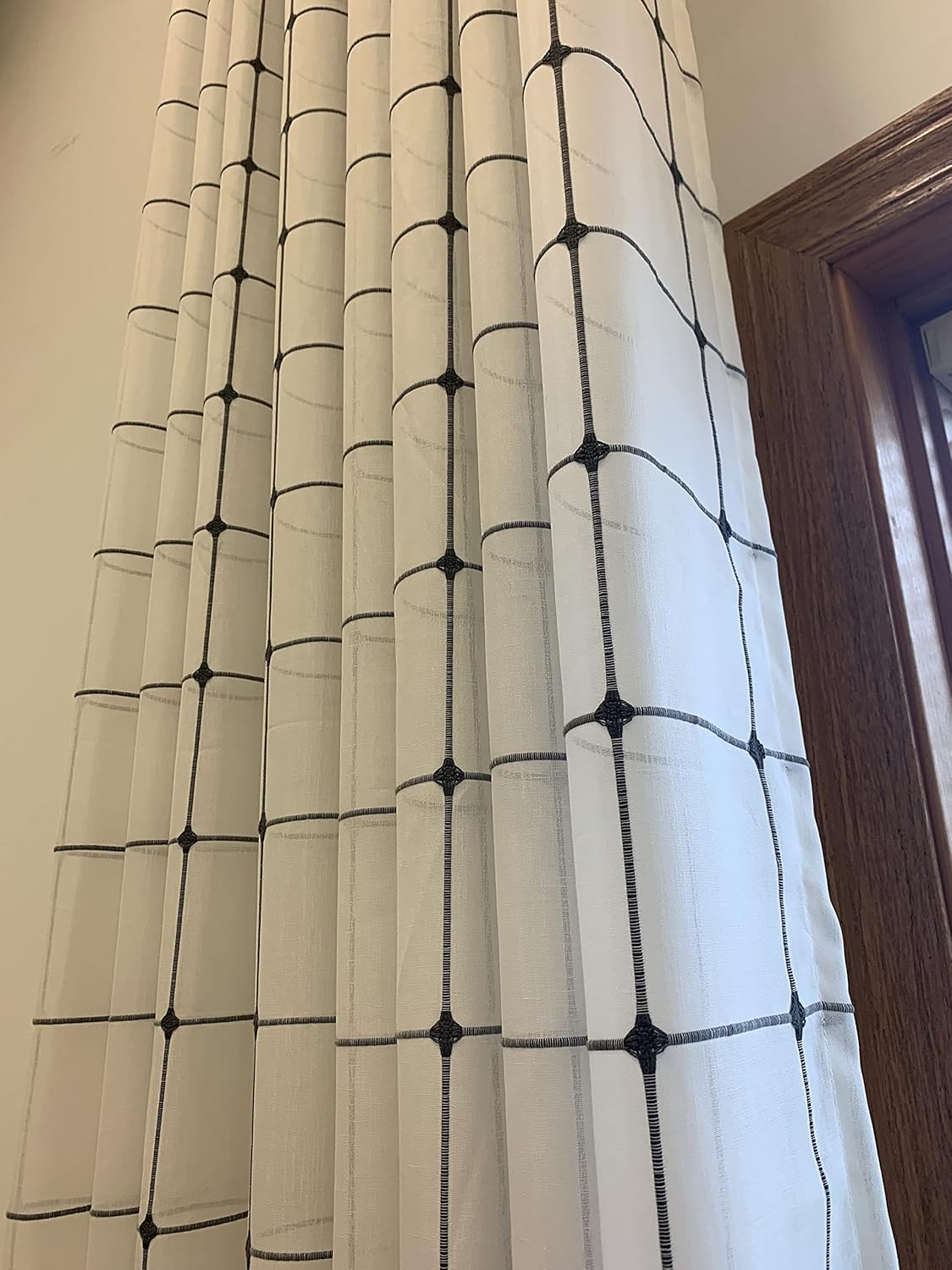 Ikiriska Extra Long Sheer Linen Curtain (1 Panel) Custom Made 12 13 14 15 16 17 18 20 24 ft 2 Story Gray, Beige, White,Cream Drapes (White with Macrame Stripes, 100″Wx120″L)