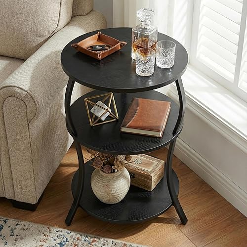 Miniatura 4 de Mesa auxiliar redonda, mesa auxiliar de cintura de 3 niveles con estante de almacenamiento, mesas auxiliares para sala de estar, mesa redonda de