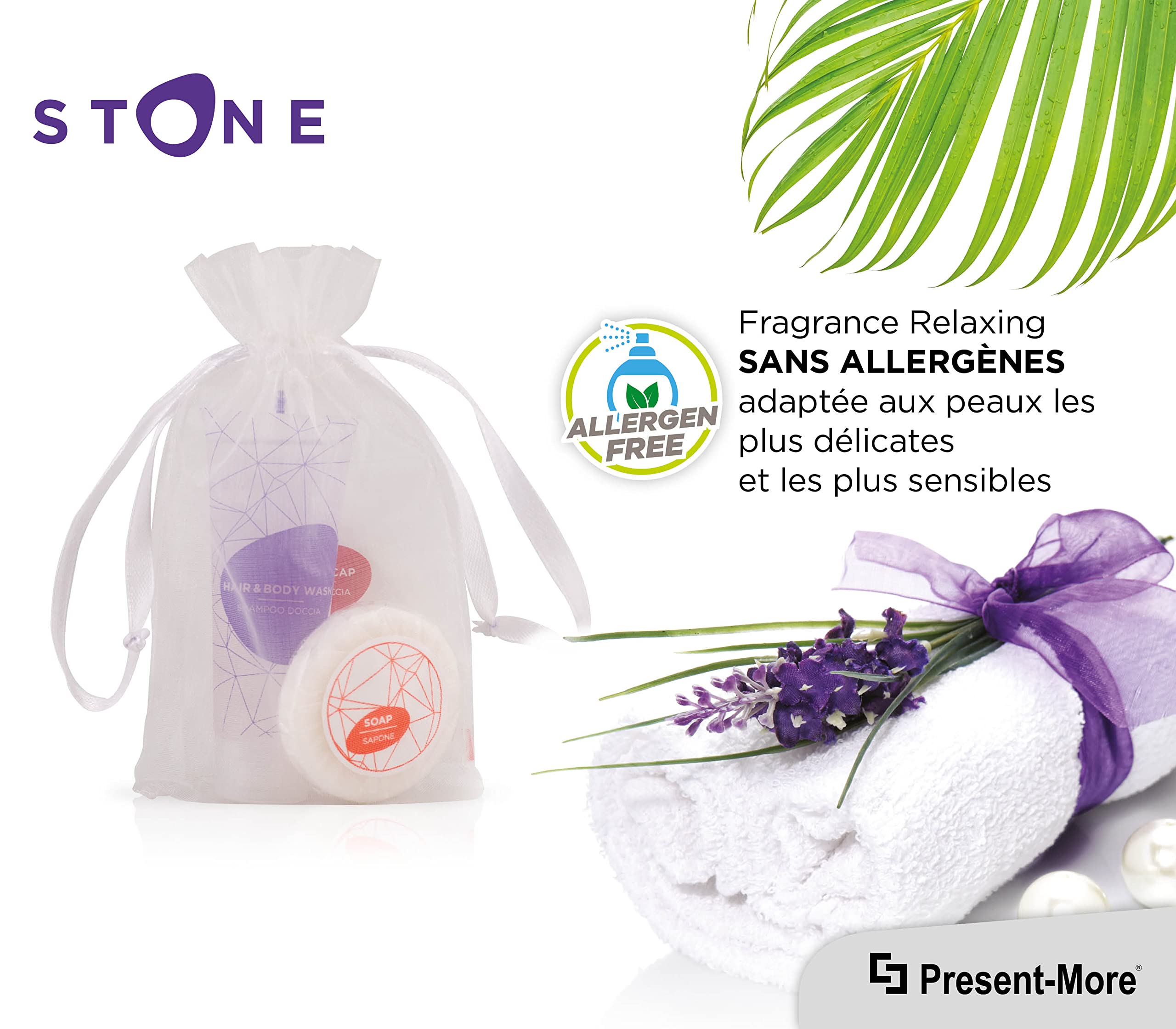 Present-More Amenities Kit Stone - Prestige Kit Toilettenartikel 50 Gäste für Hotels und B&B | Allergenfreie Amenities Kit mit Duftnote Relaxing