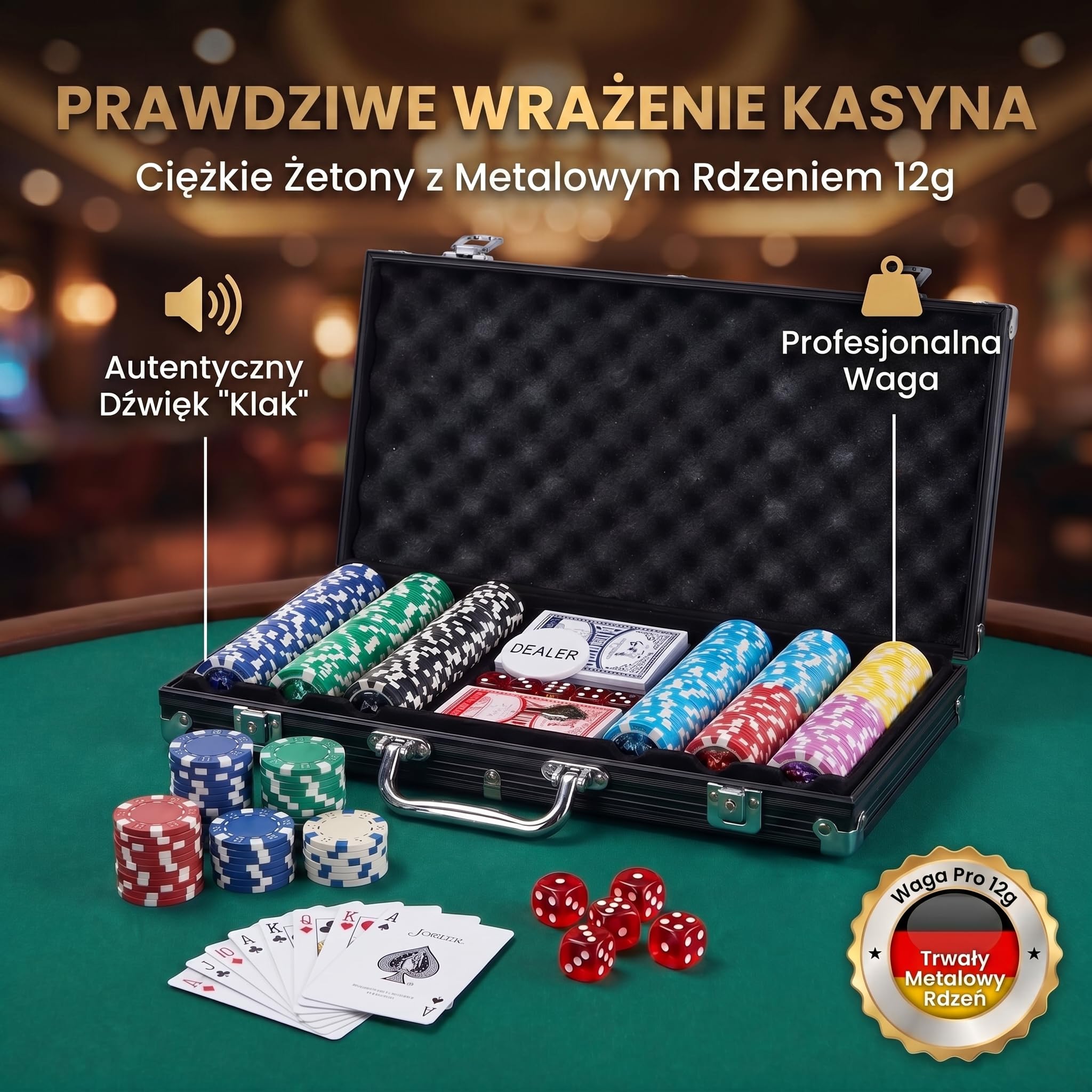 Profesjonalny zestaw do pokera z walizką zawierającą 300-500 żetonów; wysokiej jakości żetony do pokera; talia do pokera, talia kart, karty do pokera, kości, przycisk krupiera (Czarny, 300 żetony)