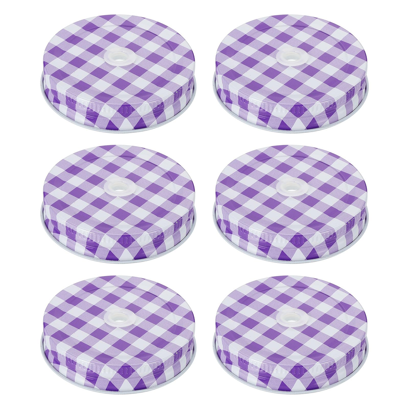 Tapas para tarros Mason de boca regular con agujero para pajilla y diseño a cuadros morados x6