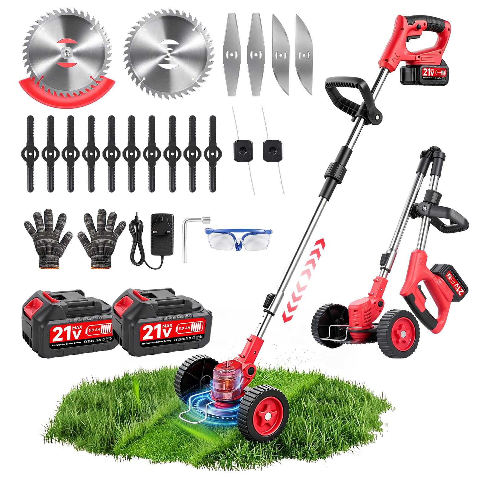 Cordless Strimmer Metal Blade 21V, Telescopic Cordless Grass Trimmer with 2 Batteries, Garden Strimmer with 6xMetal Blades & 8xPlastic Blades, Grass Cutter for Clearing Shrub Weeds Flower