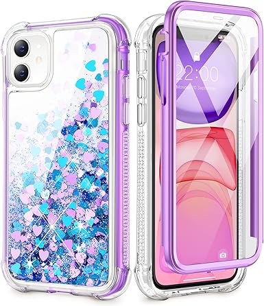 Amazon Com Caka Case For Iphone 11 Glitter Case Protective Full Body Liquid Bling Heavy Duty With Built In Screen Protector Love Glitter Clear Women Girl Case For Iphone 11 6 1 Inch Blue Purple