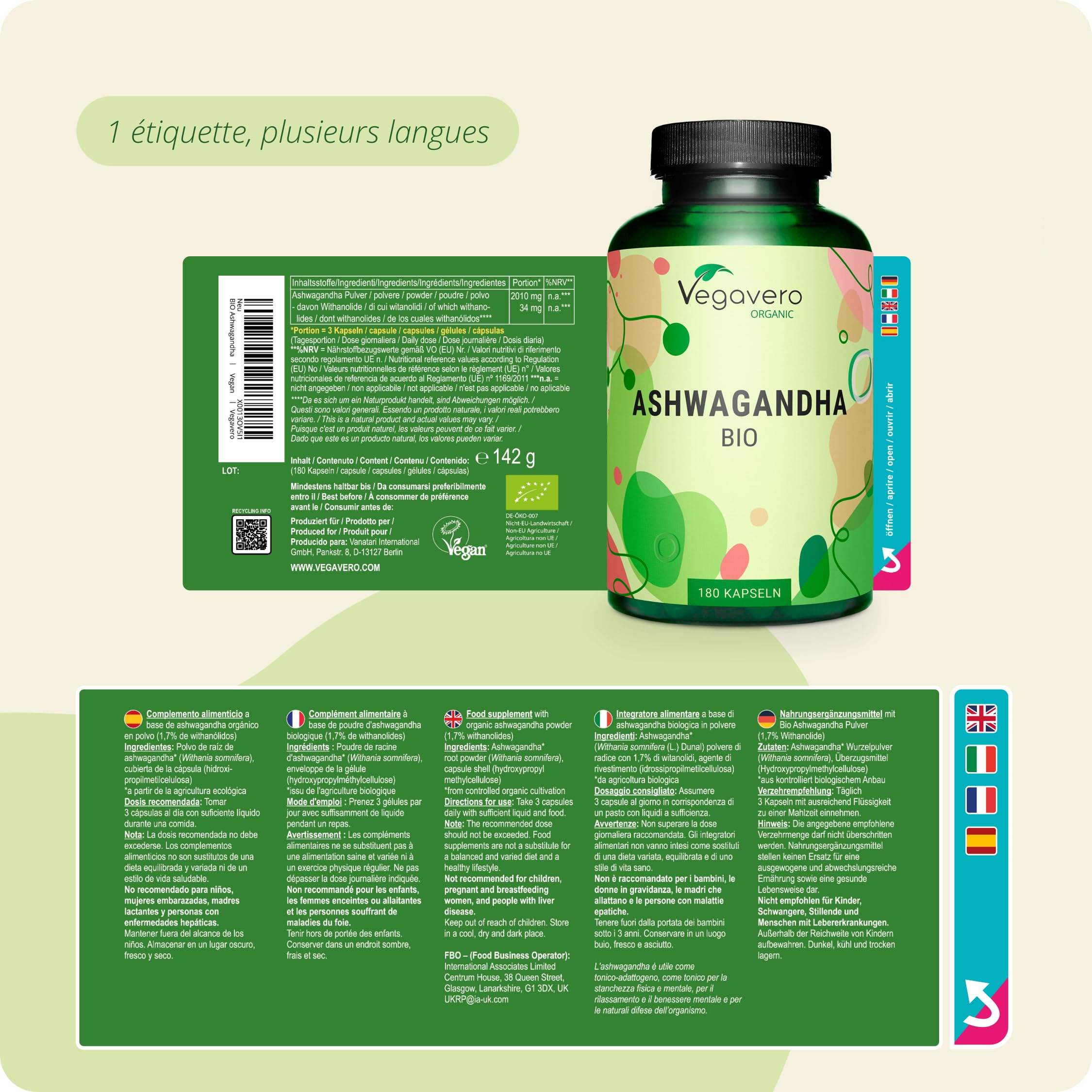 Ashwagandha BIO | Extra Fort : 2010 mg par Portion | 180 Gélules Vegan | Qualité Premium : Sans Additifs & Standardisé en Withanolides | Vegavero®