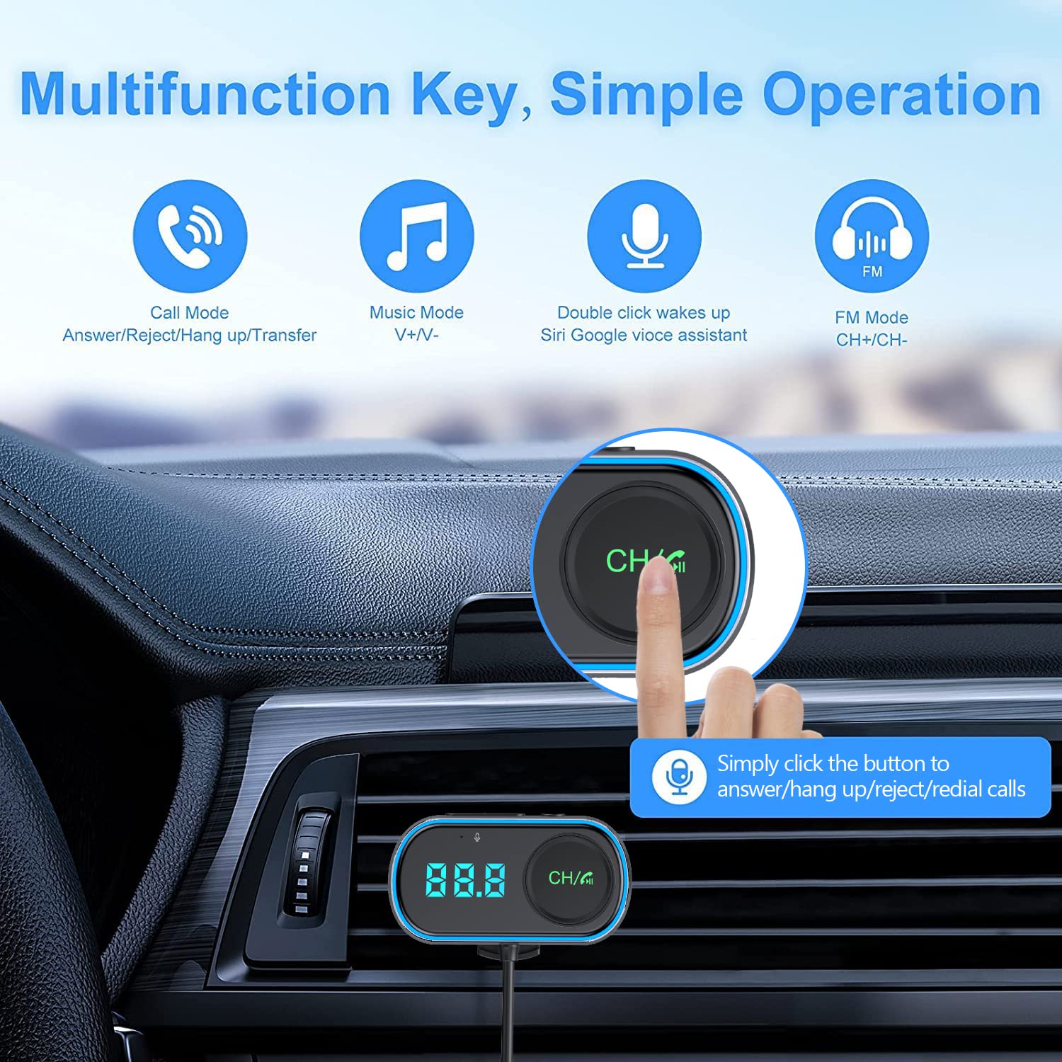 Bluetooth Car Adapter, Wireless Bluetooth 5.0 FM Transmitter for Car with QC3.0 & PD 18W Charger, Hands-Free Call, Support TF Card AUX Siri Google Assistant