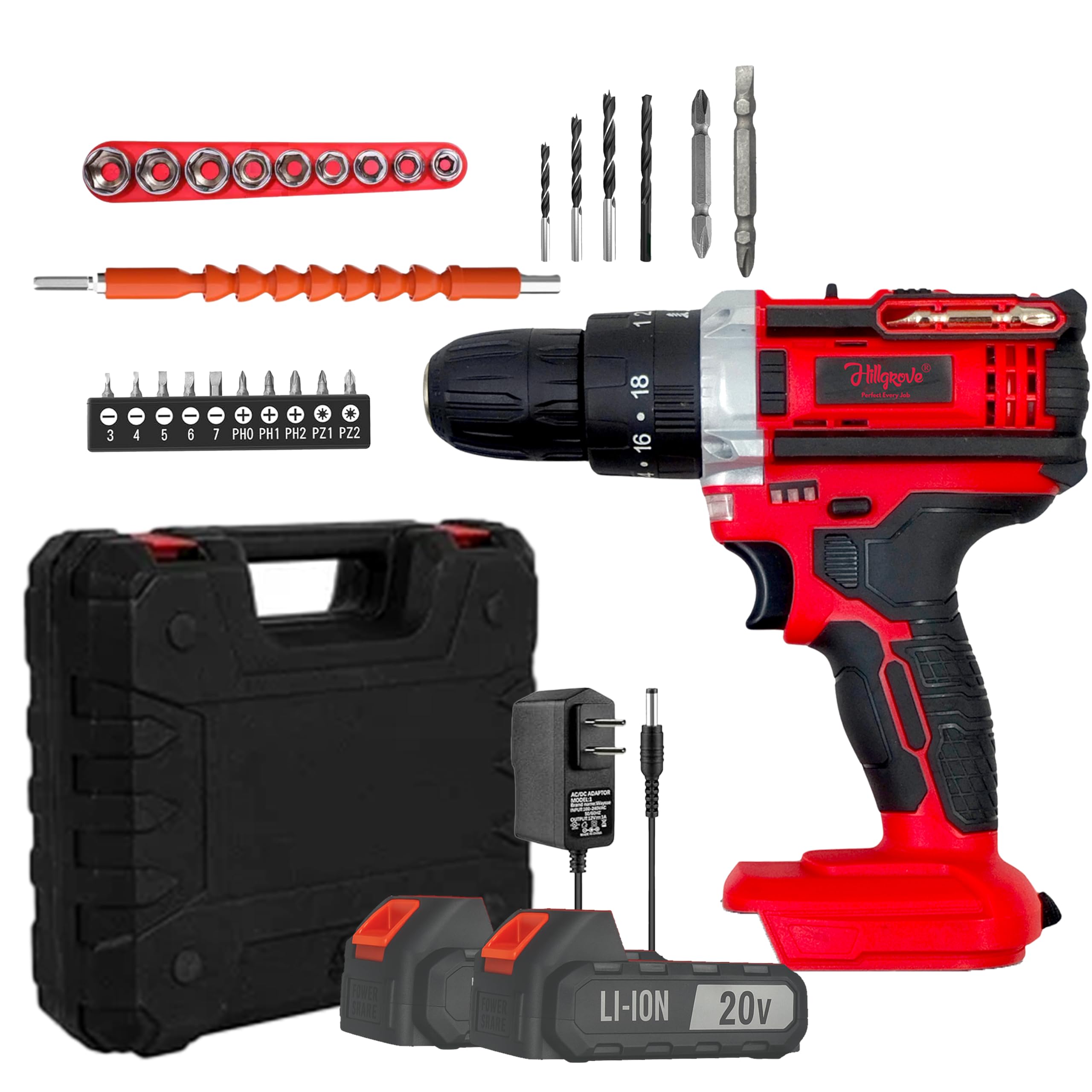 Hillgrove Electric Rechargeable Wireless Mini Cordless Charging Screw Drilling Wall Hole Battery & Charger Power Drill Machine Kit Set for Home Use (12, RED, 20, Volts (DC))-image-20