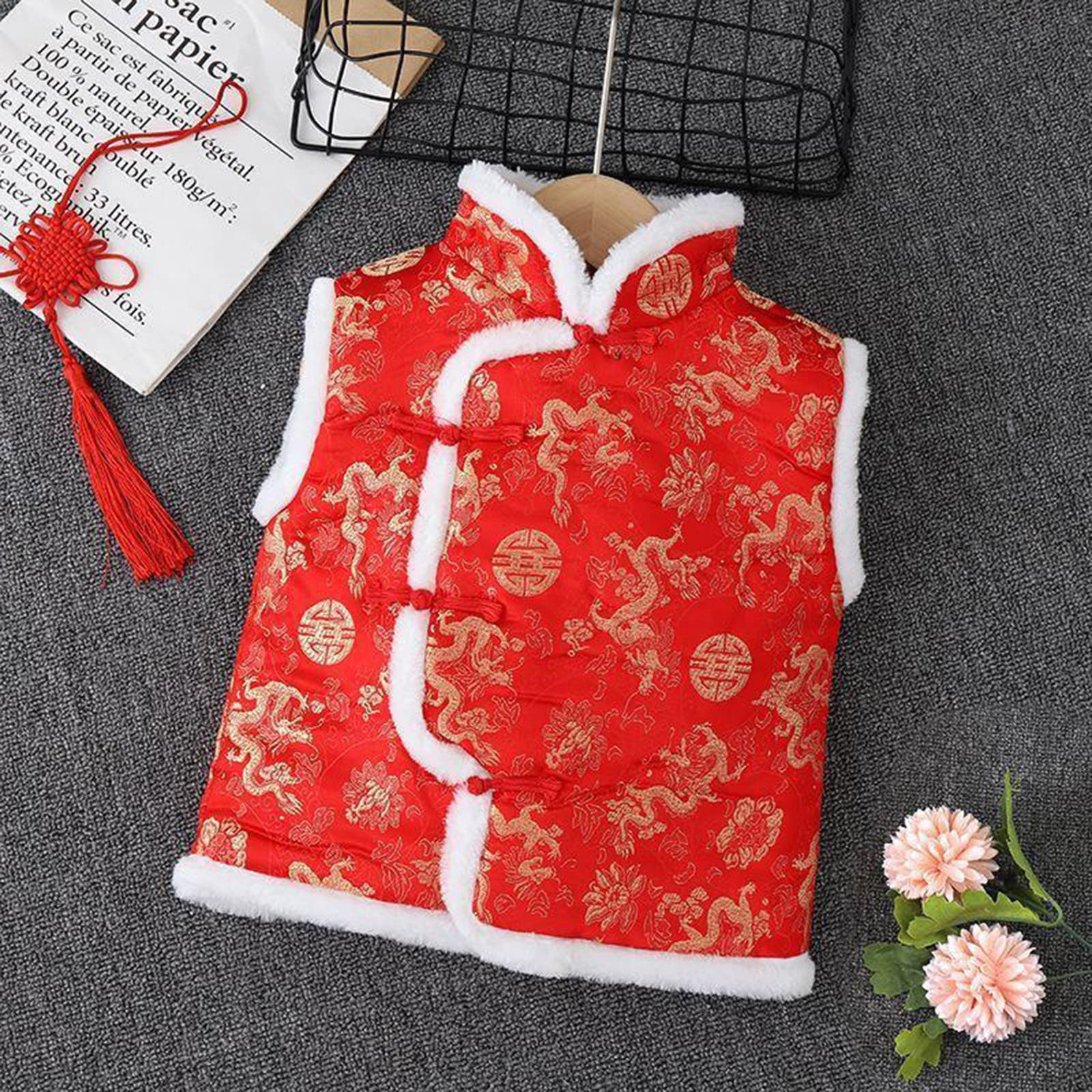 Générique Manteau Ado Garcon,Enfant en Bas âGe Enfants Polaire Gilet Manteau Nouvel an Chinois sans Manches Traditionnel Tang Hauts Infantile BéBé Manteau Gilet Manteau GarçOns