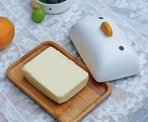 Miniatura 2 de PURROOM Platos de mantequilla de pato para encimera, plato de bambú con tapa de porcelana. Contenedor de bandeja de madera de 7 "x 4.7" para 1 barra