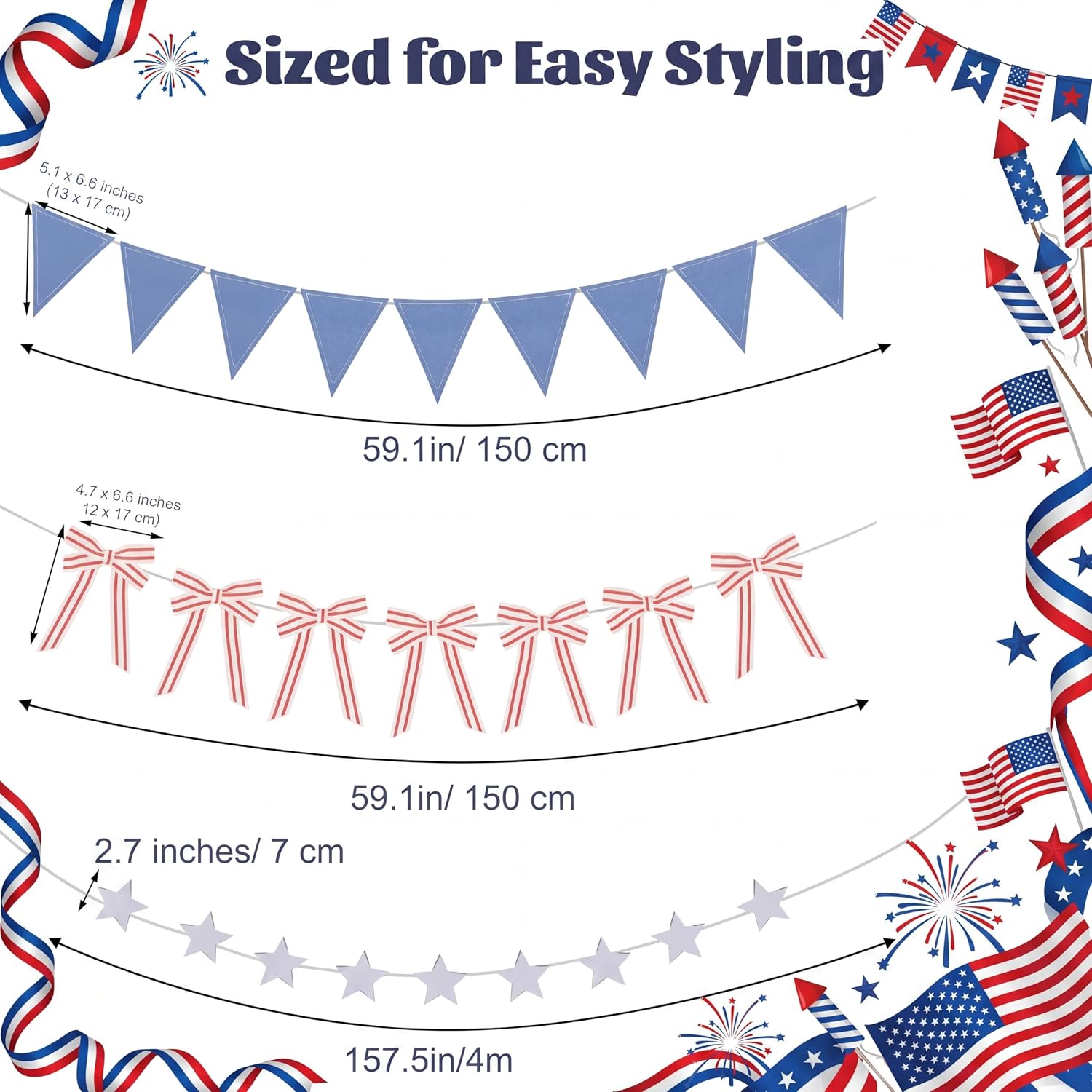 3 Pcs 4th of July Patriotic Banner Decor 59 Inch 250th Anniversary Red White Blue Striped Bow Triangle Star Banner Bunting Garland for USA American Independence Memorial Day Party Supplies