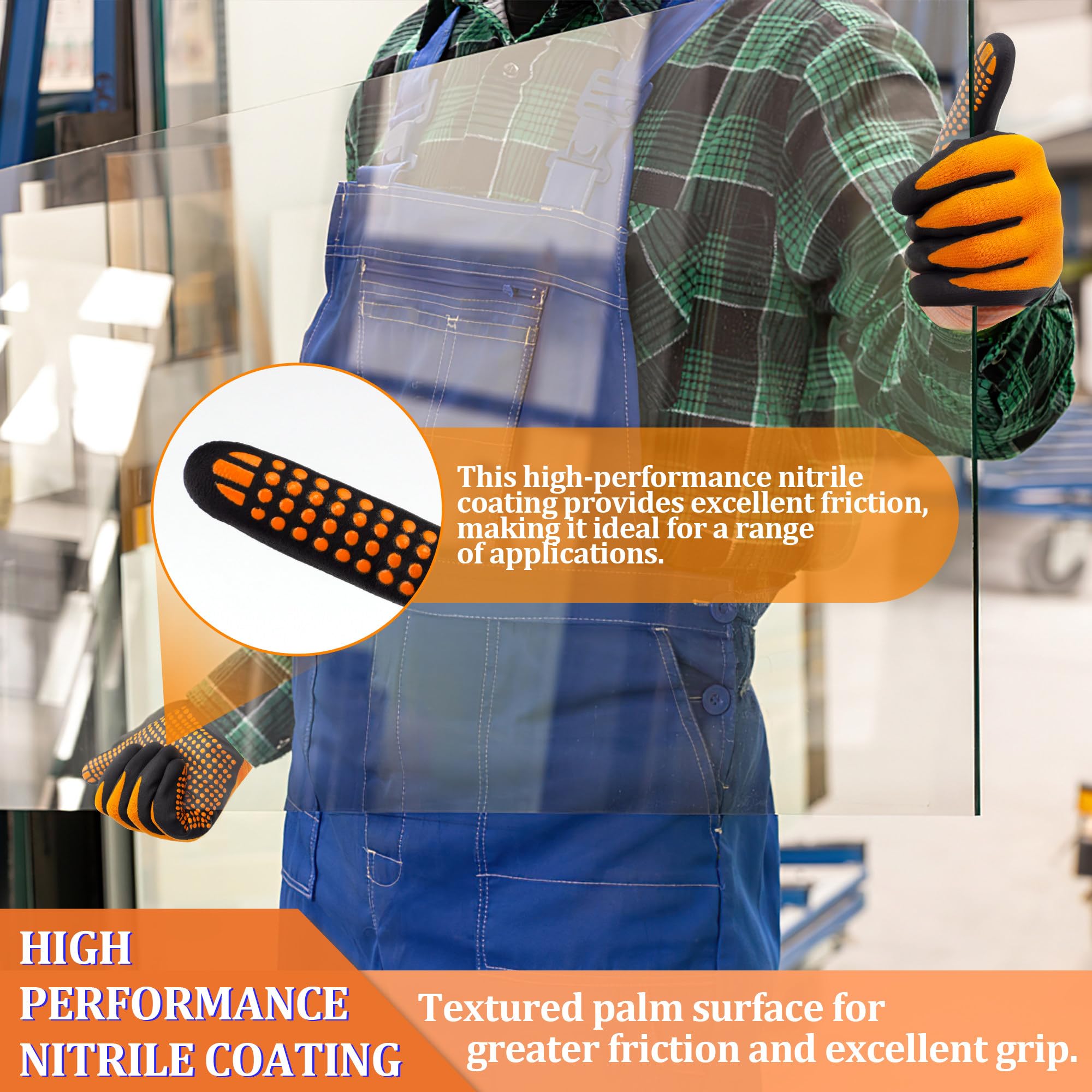 LOCCEF Guantes de trabajo con revestimiento de nitrilo de microespuma, 6 pares, nailon de punto sin costuras, puntos en la palma, guantes de agarre de puntos pegajosos, naranja, 9L