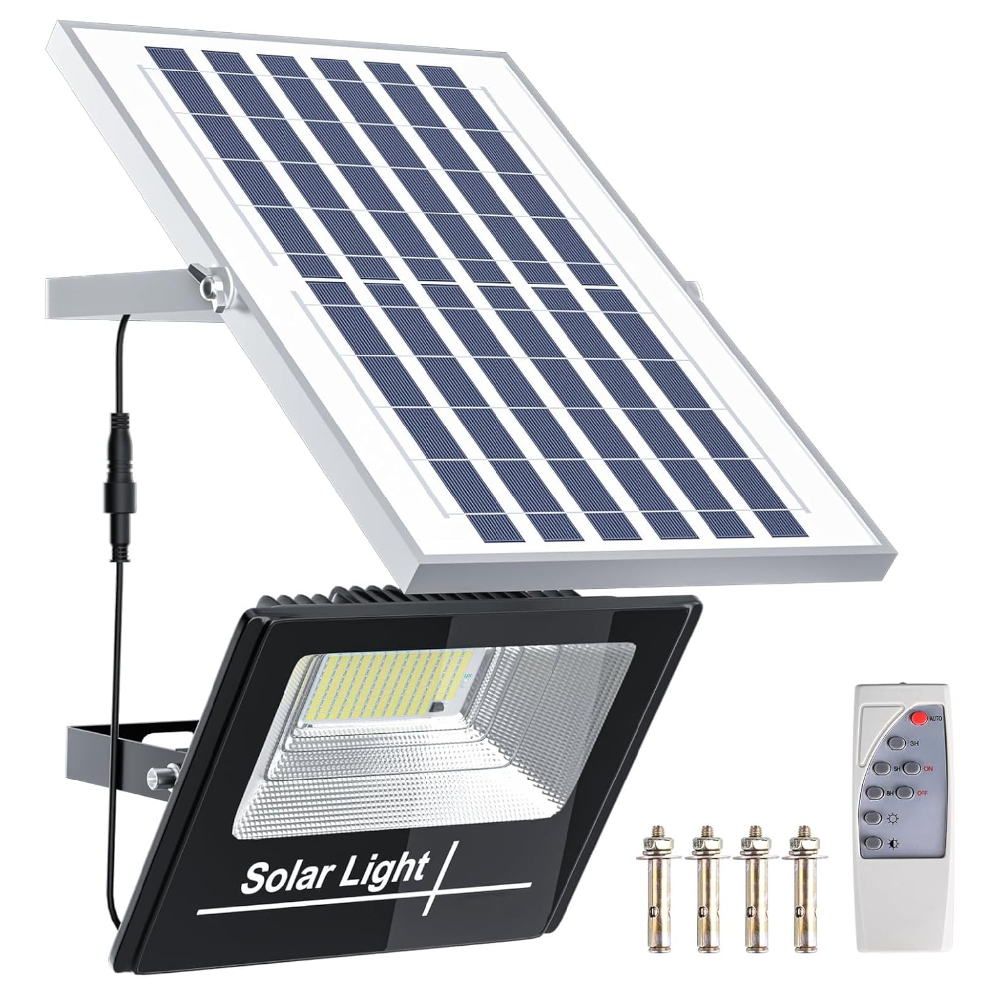 Faro a Led con Pannello Solare da Esterno IP67 impermeabile 1000W Luce Bianca 6500K SMD Ultra Luminoso con Telecomando Funzione Timer e Sensore Crepuscolare per Cortile, Giardino, Strada, Parcheggio