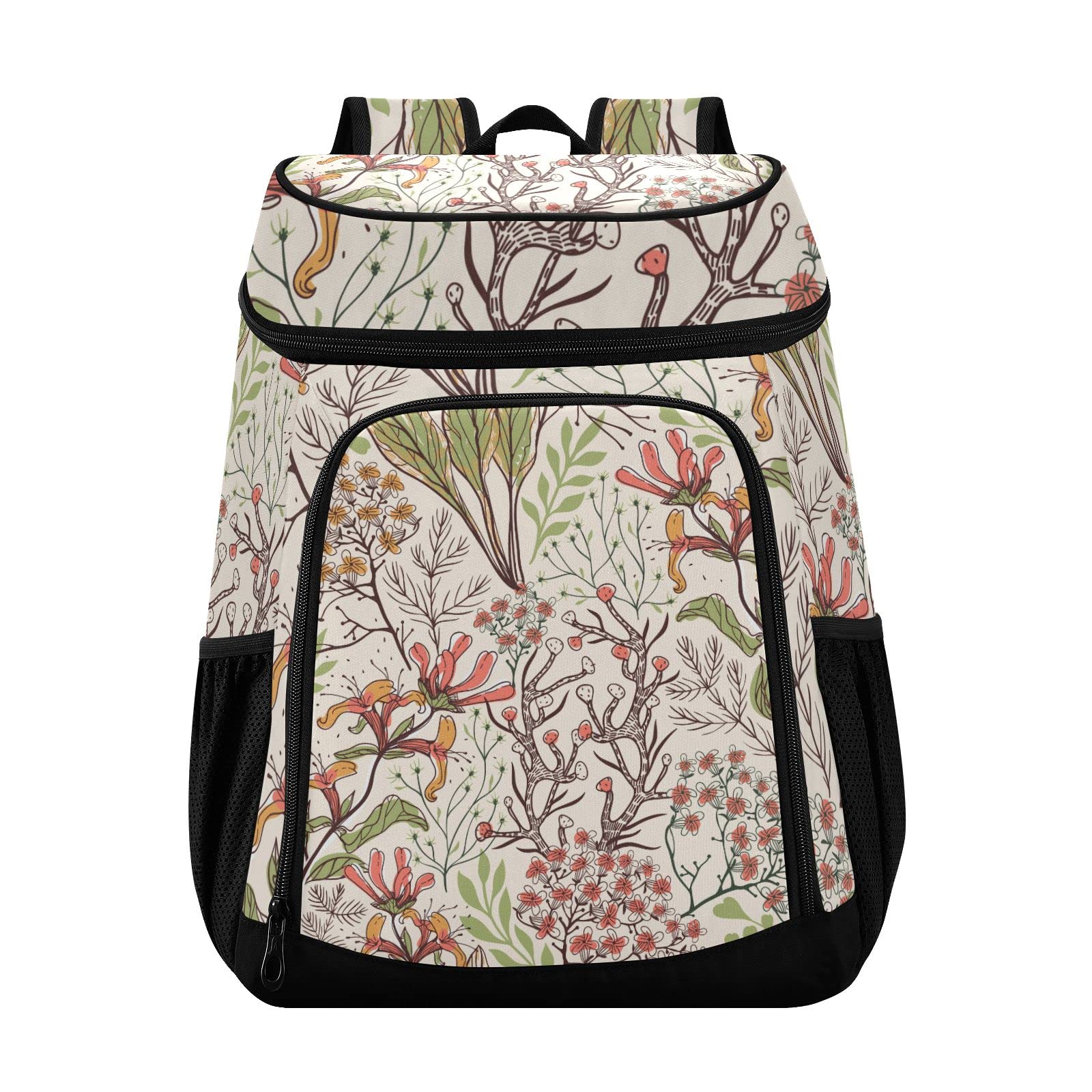 susiyo Hand Drawn Plants and Floral Insulated Cooler Backpack, Large Capacity 30 Cans Lunch Cooler Bag for Picnic Travel