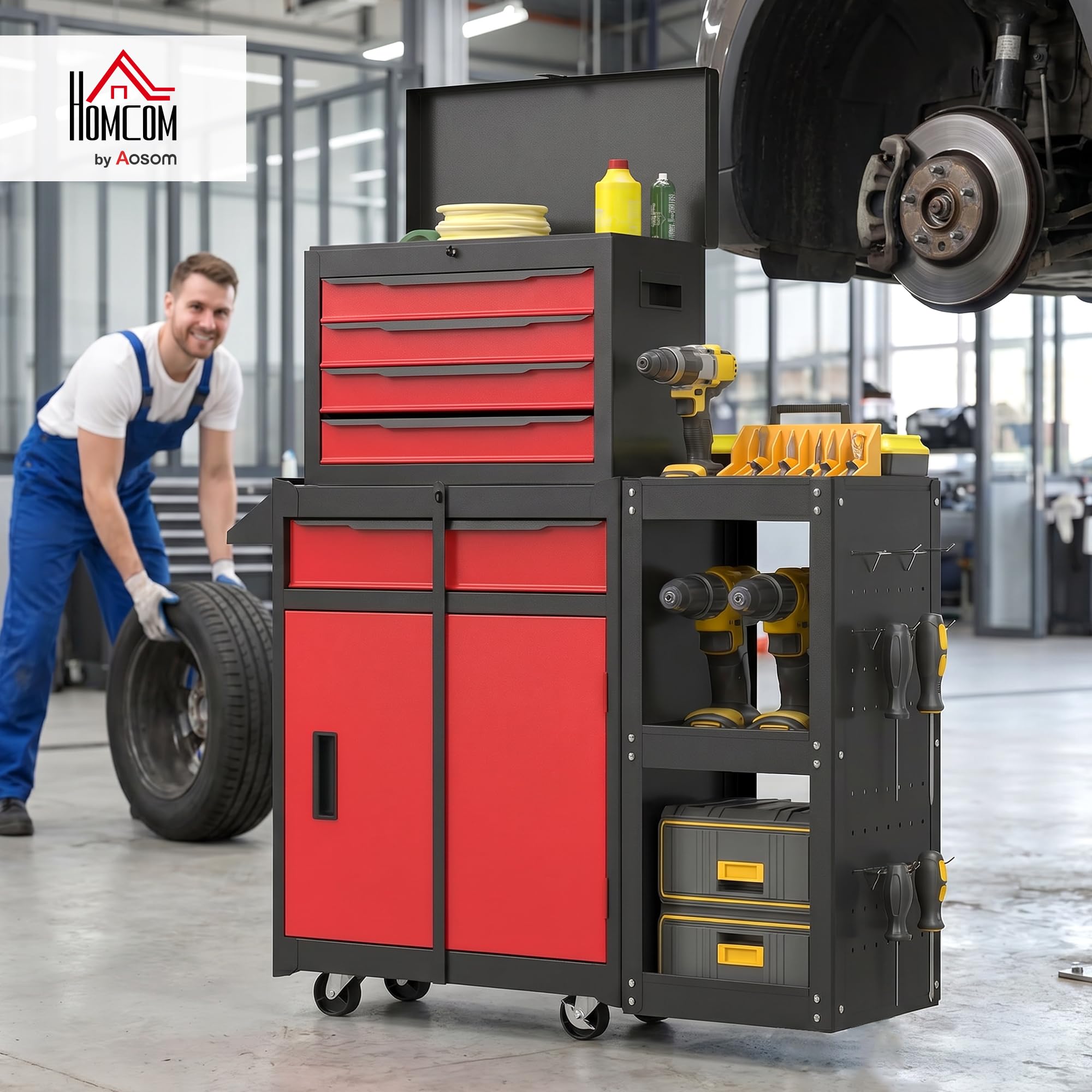 HOMCOM Carro de Herramientas con 5 Cajones 3 en 1 Cerradura Negro y Rojo | Caja de Taller Metálica, Soporte Lateral, Armario Inferior, Paneles Perforados, Asa, 2 Ruedas con Freno de Bloqueo