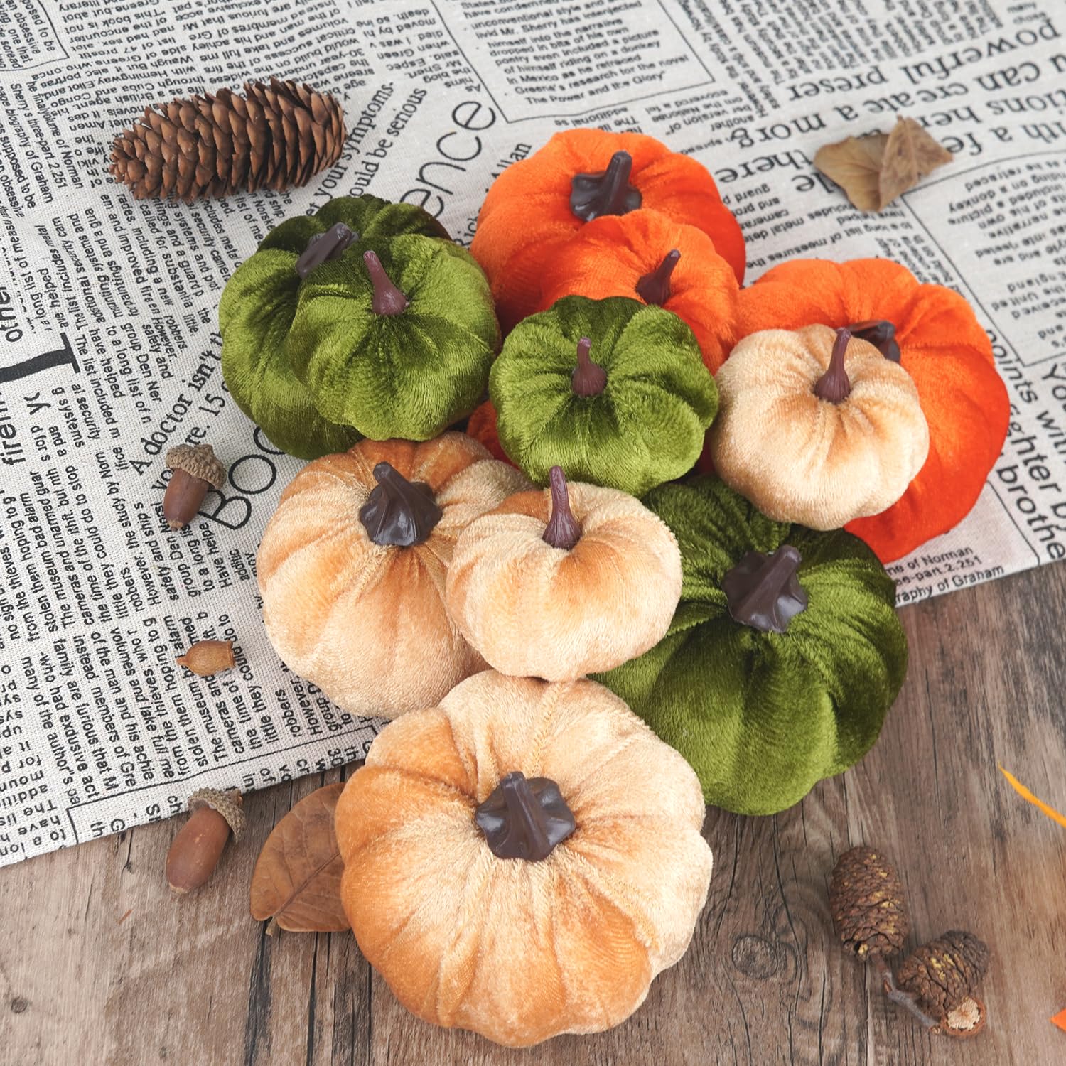 Ywlake 12 Pcs Artificial Pumpkins Assorted Sizes Fake Fabric Harvest Pumpkin Set Orange Green Khaki Foam Pumpkin for Fall Autumn Thanksgiving Halloween Decoration - Image 4