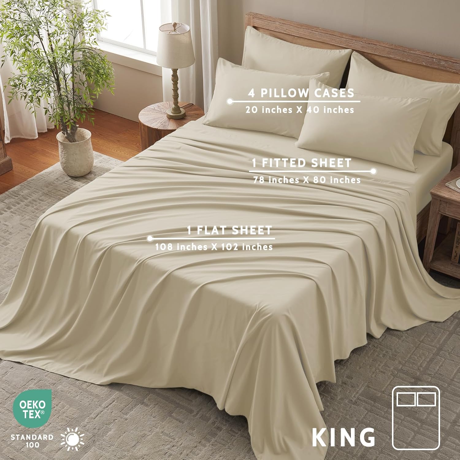 King Size Sheets Set - 6 Piece Luxuriously Soft & Cooling Sheets King Size - Ultra Soft 16" Deep Pocket King Sheet Set - Fitted Sheet & Pillowcase Sets (King Beige) - Image 2