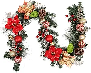 6ft Christmas Wreath with Lights, Christmas Battery Operated Artificial Vine with Classic Red Gold Decor, Pre-Lighted Christmas Wreath for Christmas Staircase Fireplace
