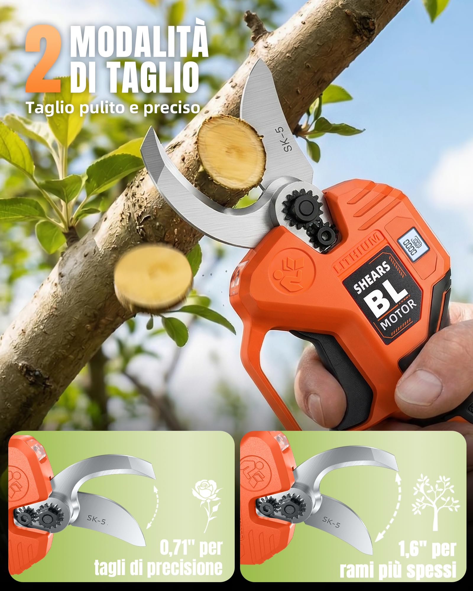 Forbici da Potatura Elettriche 40mm con Batteria 2,0 Ah Inclusa, Motore Brushless 600W, Lama SK5, LED, Blocco di Sicurezza, Pronte all'Uso come Cesoia Elettrica per Giardino e Alberi da Frutto
