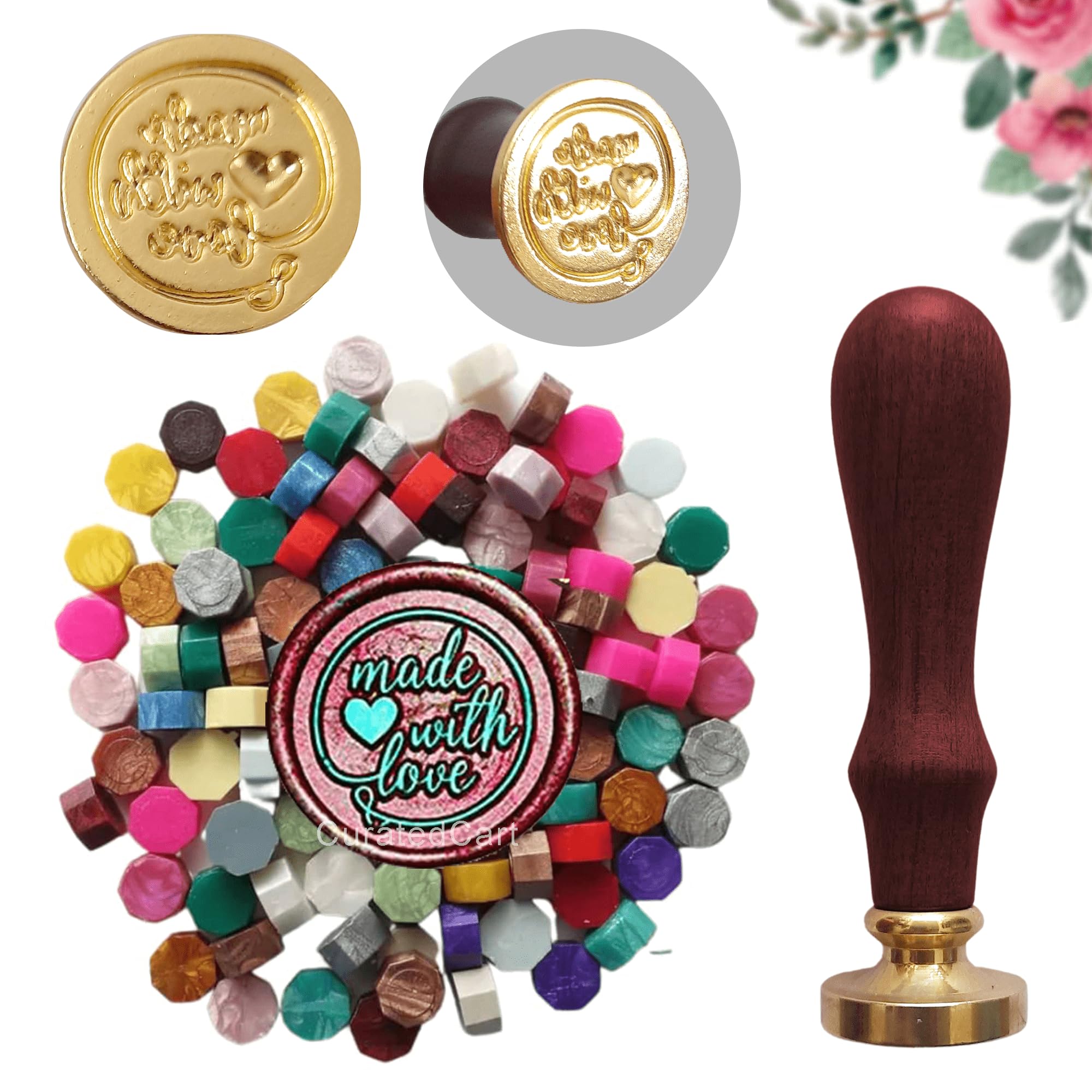 Curated Cart Wax Seal Stamp Kit - Includes Good Luck Stamp, 50 Multicolor Beads, and Wax for Decorating Gift Cards, Wedding Invitations, Envelopes, and Letter Sealing.