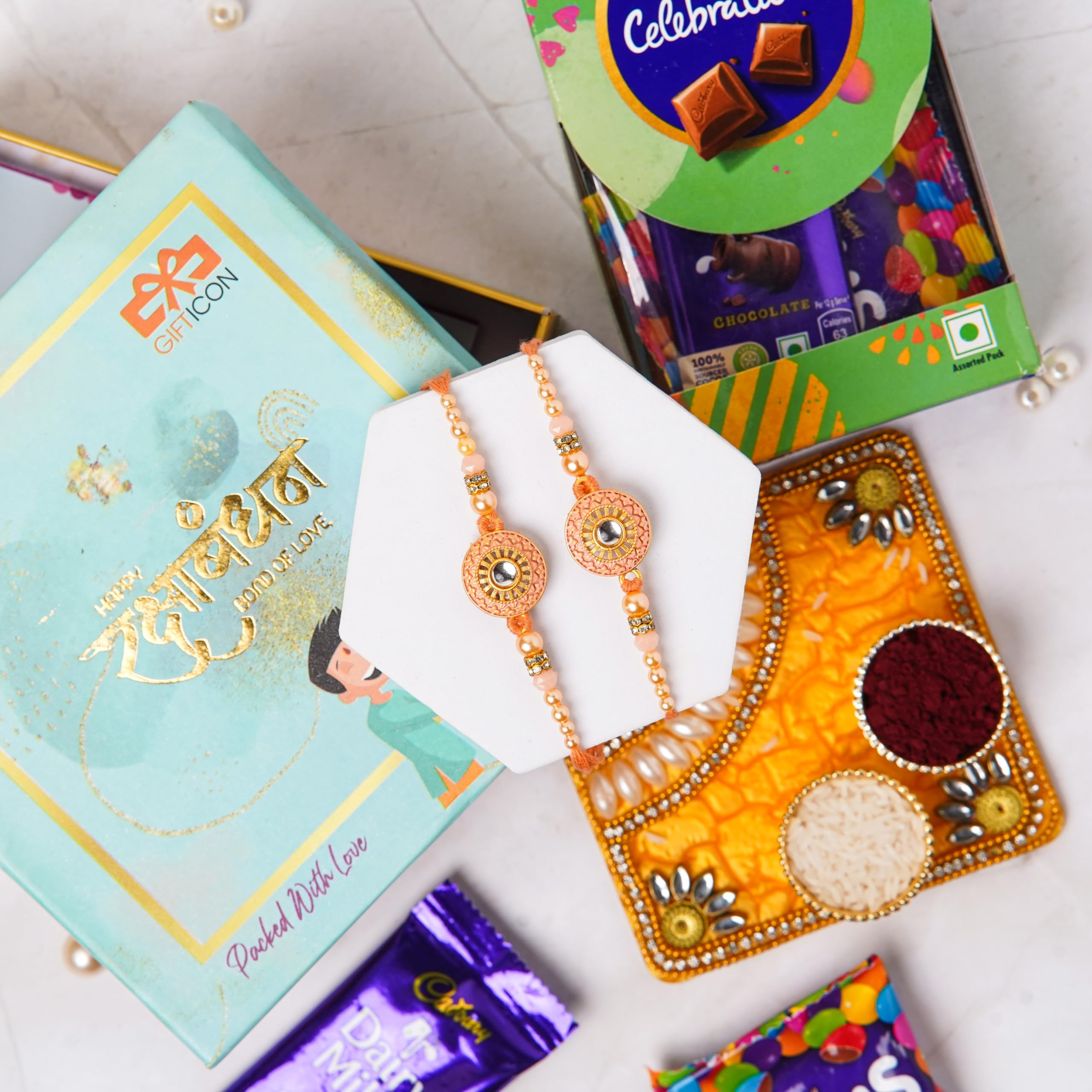 Gifticon Rakhi for Brother with Chocolates set of 2 | 2 Rakhi | Celebrations | Roli Chawal | Greeting Card | Gift Box | IB50-2R-CLSCMOR-EVLEYE-image-1