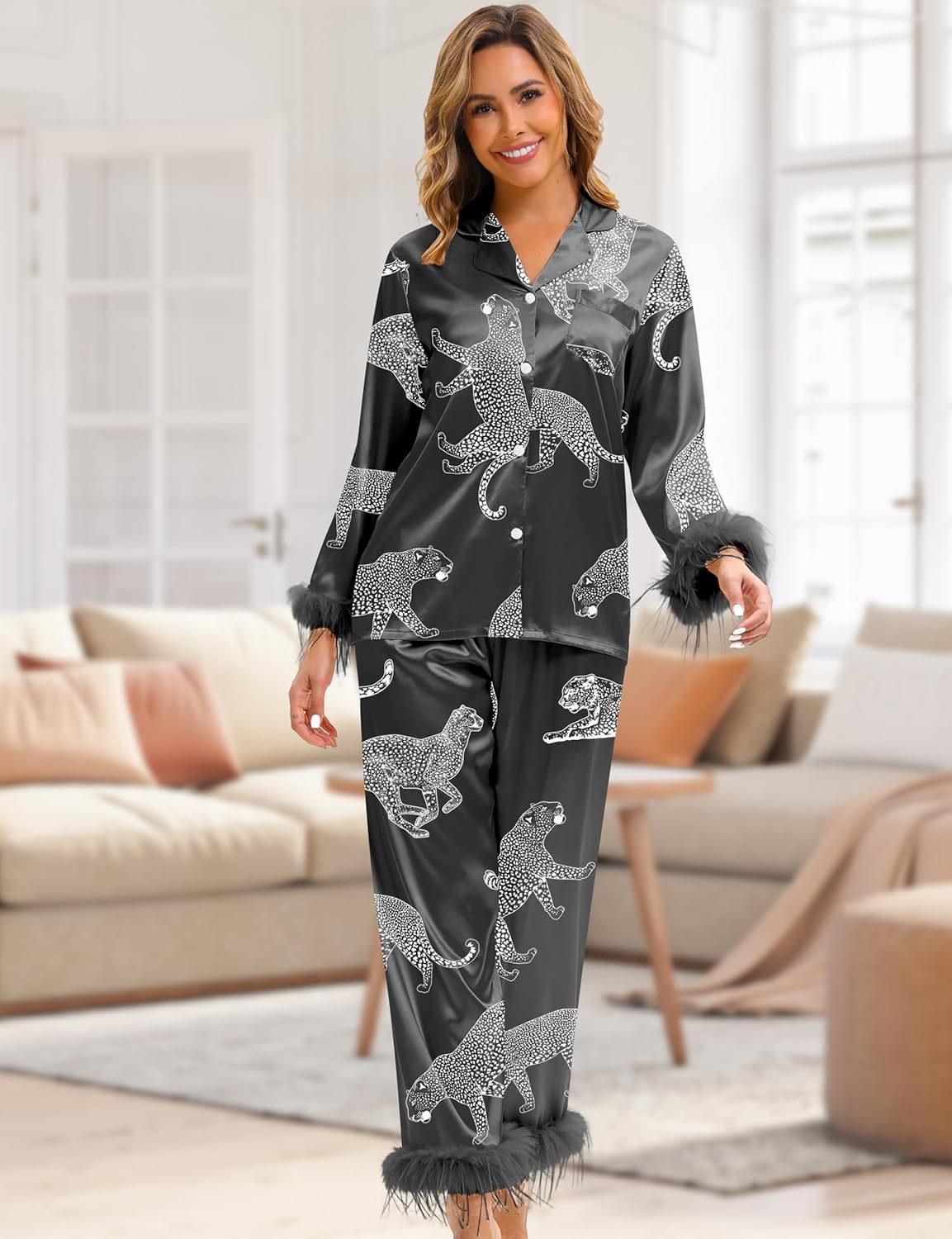 EPLAZA 2 Pcs Silk Pajamas for Women Satin Pajama Set Feather Trim Long Sleeve Button-Down Pj Set Lounge Sleepwear with Pocket - Image 3