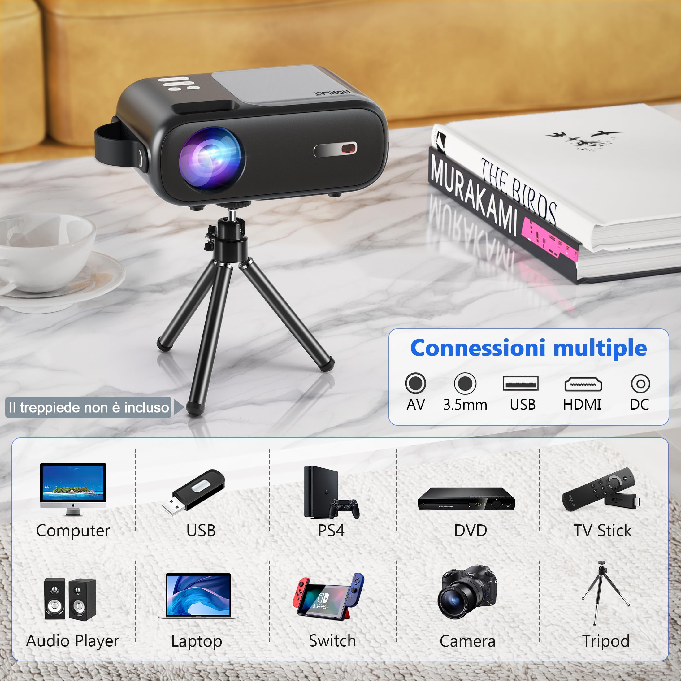 Mini Proiettore, Proiettore 5G WiFi Bluetooth 9000 Lumens, Supporto Full HD 1080P, Correzione Trapezoidale ±15°, Videoproiettore Home Cinema, Compatibile con Smartphone/TV Stick