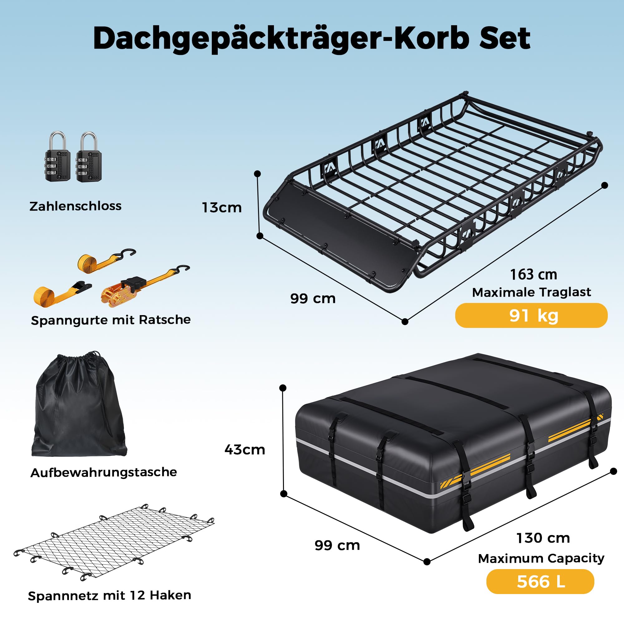 Dachgepäckträger 163 x 99 x 13 cm mit wasserdichter Dachtasche 556L | 90kg Tragfähigkeit, Verstellbare Trennstange, Gepäcknetz, Spanngurte & Schlösser, Universal für SUV Pickup Camping