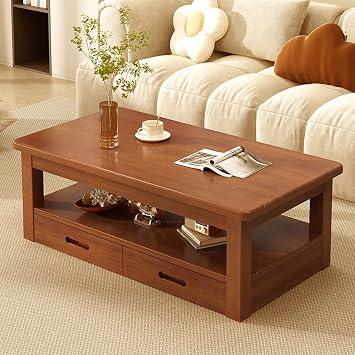 Rectangle Solid Wood Coffee Tables for Living Room,Farmhouse Rectangular Coffee Tables with Open Storage,Tea Table with Drawers,Rustic Center Table for Small Space,Teak
