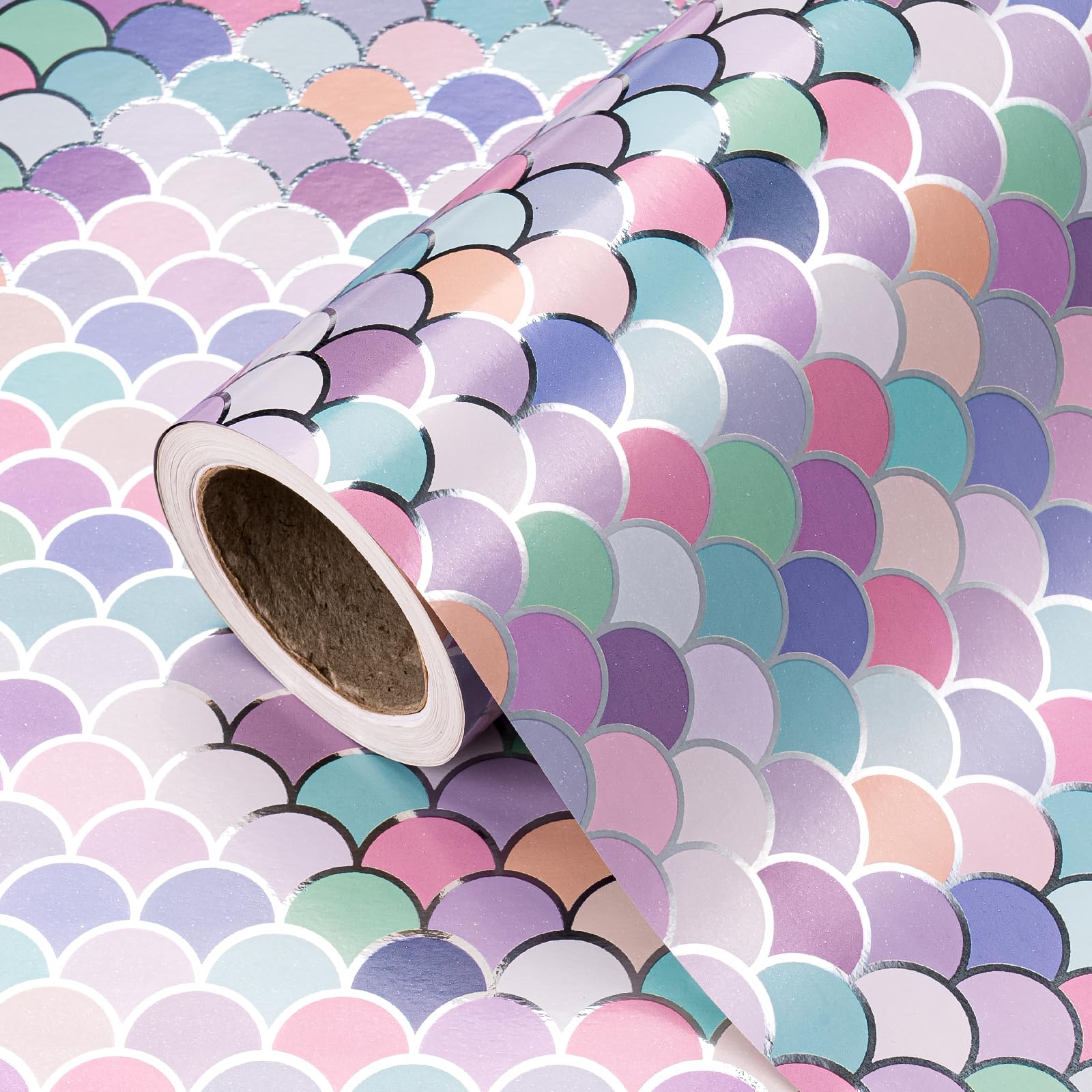 RUSPEPA Mermaid Wrapping Paper Roll - Mini Roll - 43.2cm x 3m - Colorful Mermaid Scale Wrapping Paper with Silver Foil Design for Birthday Girls, Baby Shower, Kids Birthday