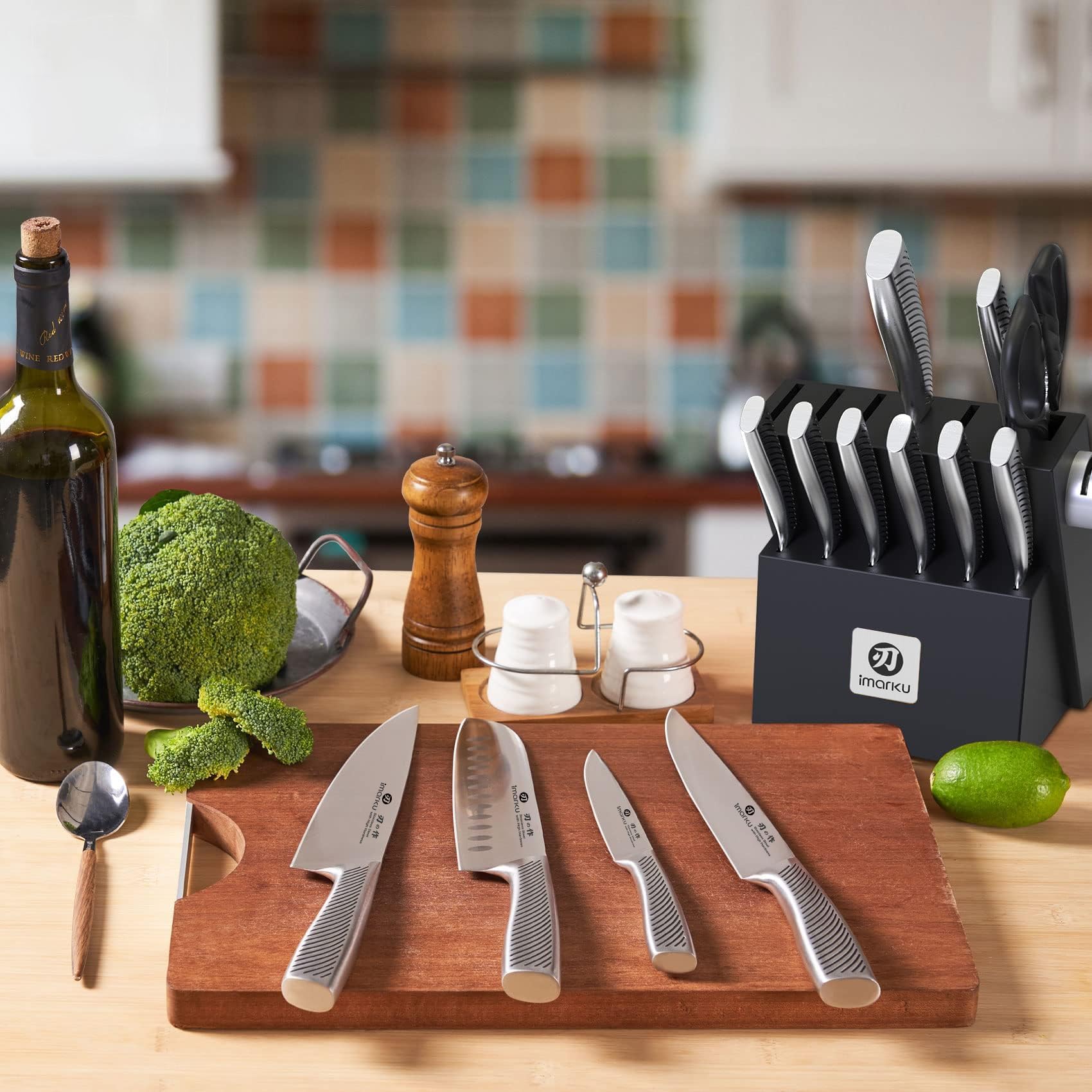 imarku Couteau Cuisine Professionnel, Set de 14 Couteaux de Cuisine en Acier Inoxydable, Bloc à Couteaux avec Aiguisoir, Poignée Ergonomique, Cadeau Fête des Pères