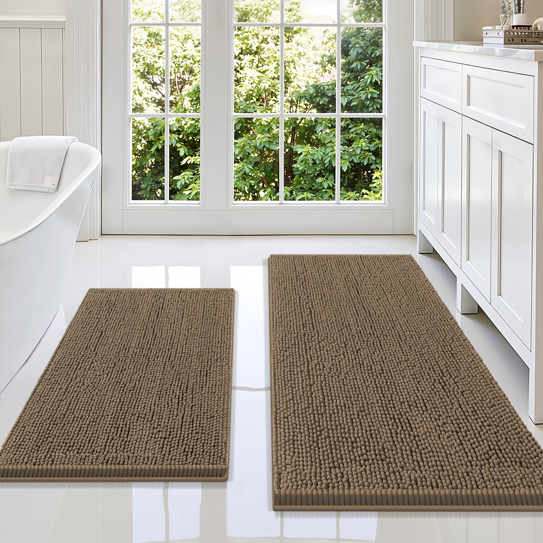 Smiry Chenille Bathroom Rugs Sets 2 Piece (47x20+30x20, Camel)