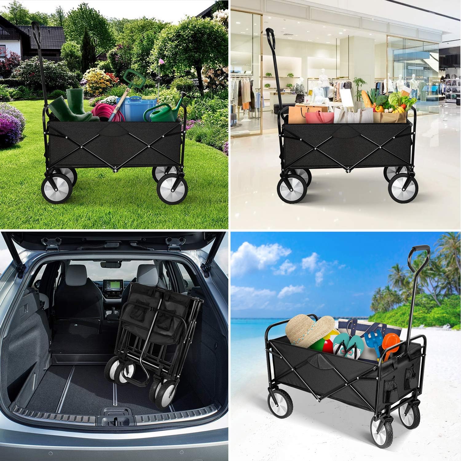 YSSOA Rolling Folding & Rolling Collapsible Garden Cart, Outdoor Camping Wagon Utility with 360 Degree Swivel Wheels & Adjustable Handle, Black 220lbs Weight Capacity : Patio, Lawn & Garden