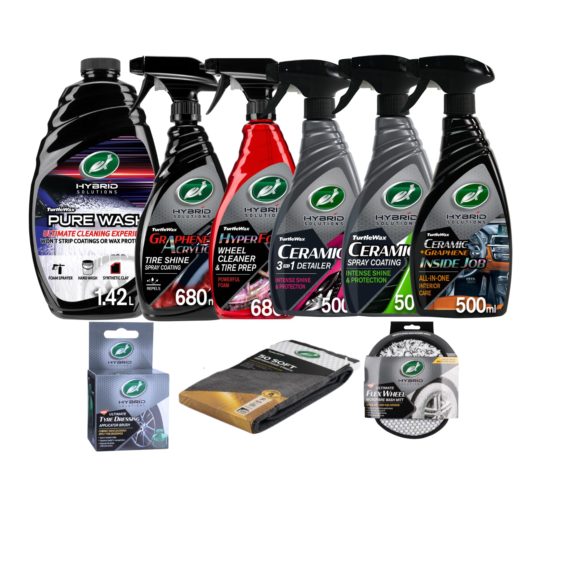 Turtle Wax Hybrid Solutions Complete Ceramic Car Care Kit, Includes Car Wash, Car Wax, Detailer, Car Interior Cleaner, Tire & Wheel Cleaner, Tire Shine, Microfibers, Wash Mit & Brush (9 Piece Kit)