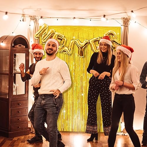 Miniatura 5 de Cortina de oropel para fiesta, telón de fondo dorado para decoración de cumpleaños, 2 paquetes de cortinas de flecos de papel de aluminio con