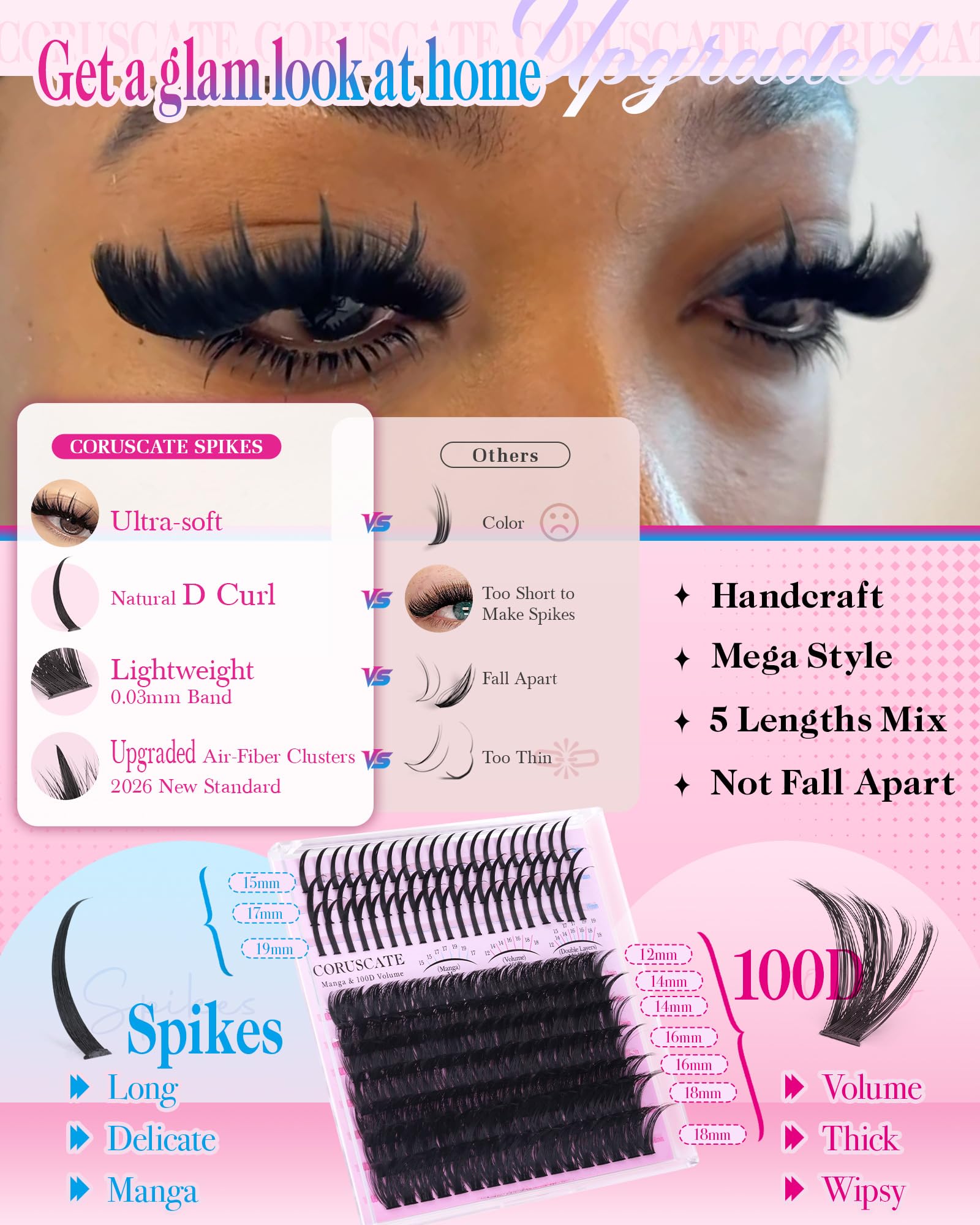 CORUSCATE Brown Lash Clusters with Spikes 60D80D Cluster Eyelash Extensions 12-22mm DIY Spiky Individual Lashes Mega Eyelash Clusters Volume Mink Strip Cluster Lashes: Eyelash Clusters Mini