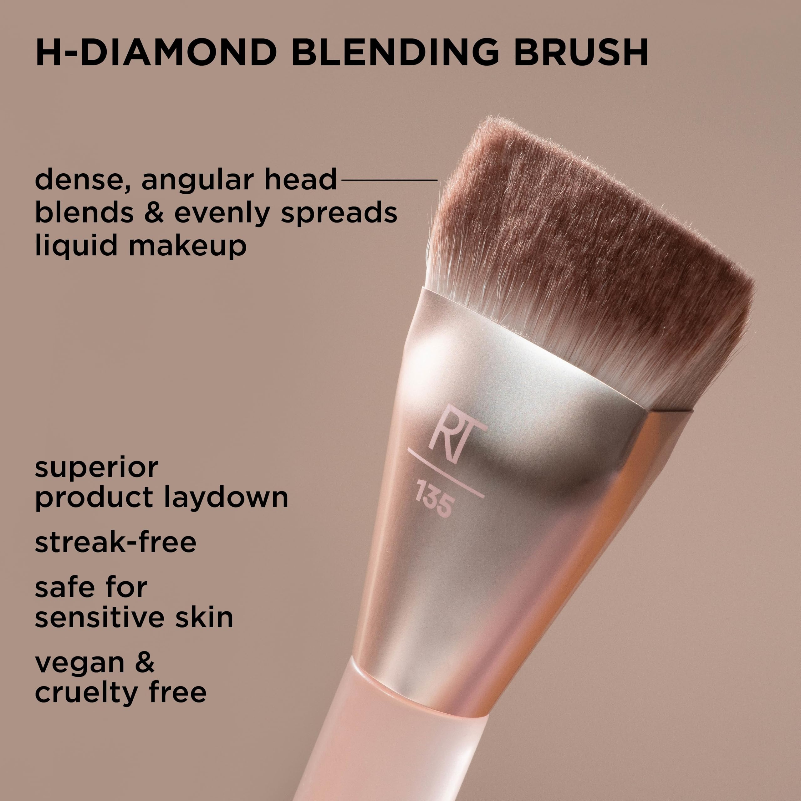Real Techniques New Nudes H-Diamond Blending Brush, Foundation, Contour & Blush Makeup Brush for Seamless Liquid or Cream Coverage, Diamond-Shaped Head, Cruelty-Free, 1 Count