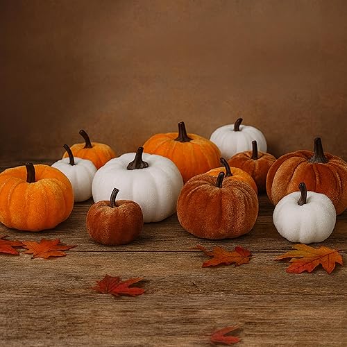Miniatura 5 de 12 calabazas flocadas de imitación, perfectas para la cosecha de otoño, Halloween o centros de mesa de Acción de Gracias (12, dorado, blanco y rojo