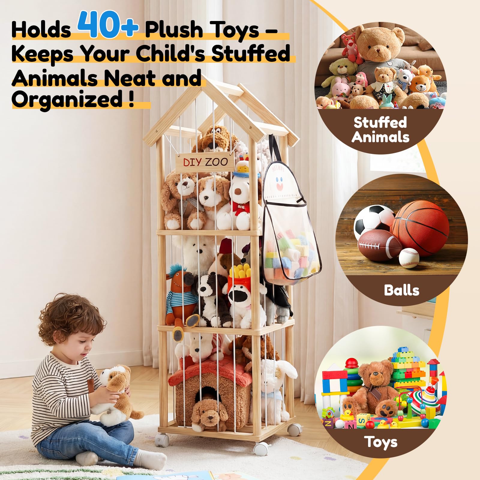 Kuscheltier Aufbewahrung, Holz Stofftier Aufbewahrung, 146 * 42 * 42CM Plüschtier Lagerung Organizer Mit 360°Bremse-Ausgestattete Räder für Spielzimmer, Kinderzimmer, Schlafzimmer, Mit Dach